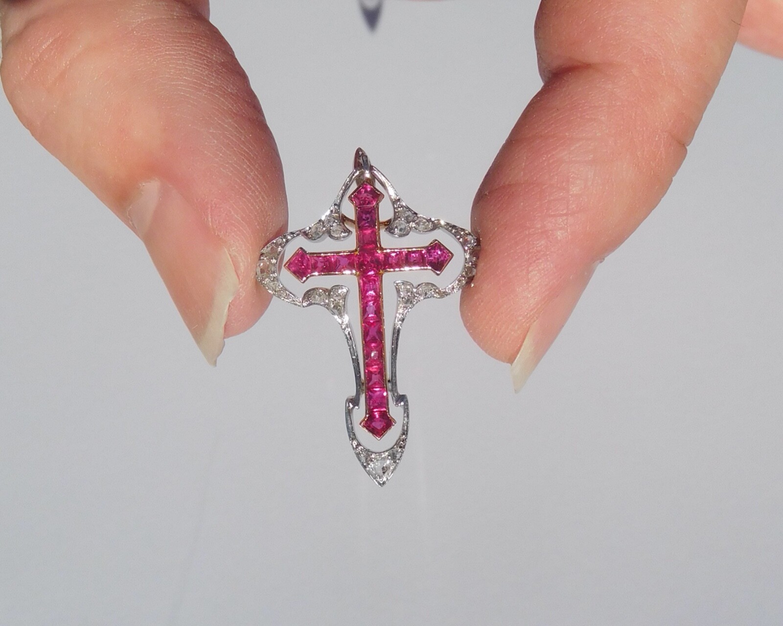 Belle Époque Art Nouveau 18K Rose Gold Platinum Diamonds Rubies Cross Pendant 🥀