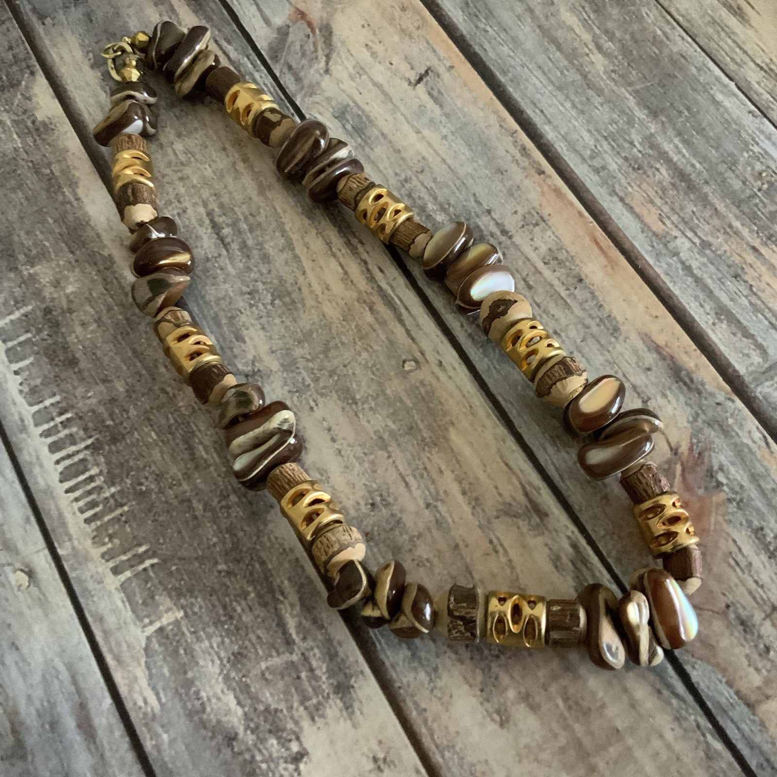 Vintage wood and brown shell nugget bead necklace in gold tone metal