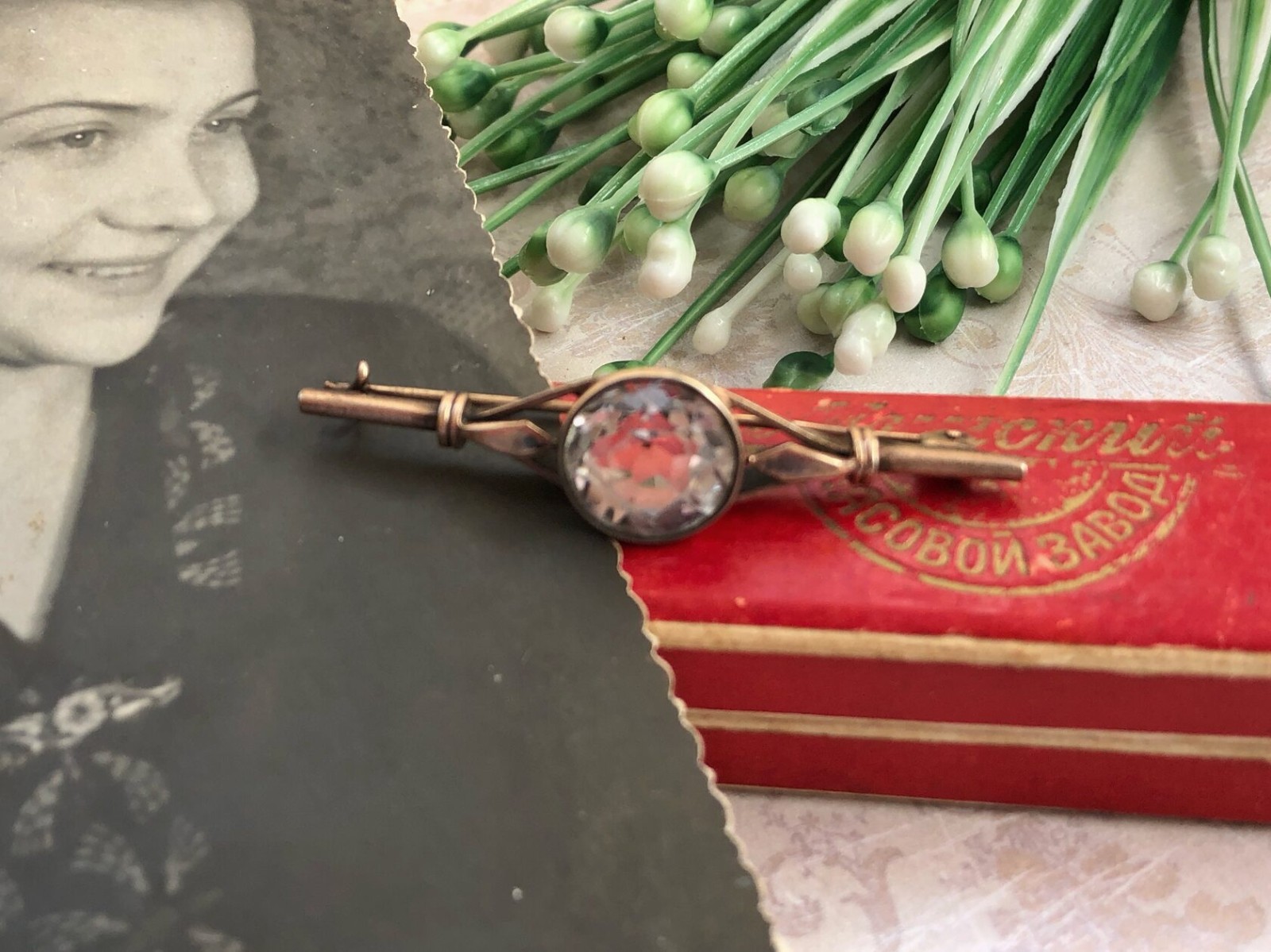 Estate Jewelry Soviet Vintage Brooch Gilt Sterling Silver 875 Rock Crystal USSR