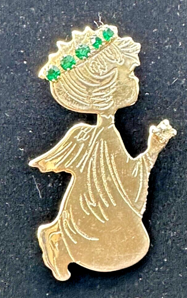 Praying Angel Etched Silver Tone May Green Birthstone Rhinestone Halo Brooch Pin
