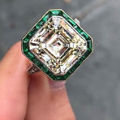 Art Deco Asscher Cut Lab Created Diamond and Emerald Halo 14K White Gold FN Ring