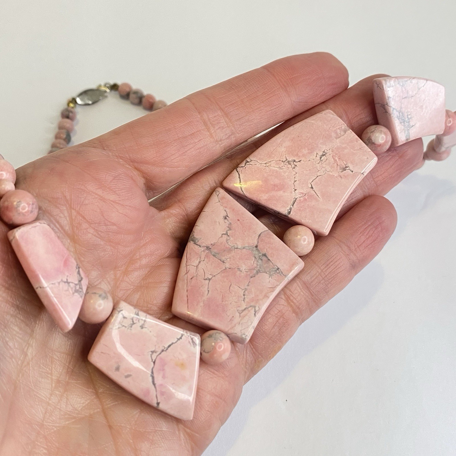 Vintage Pink Stone Necklace Natural Beaded Handmade Statement Artisan Rhodonite?