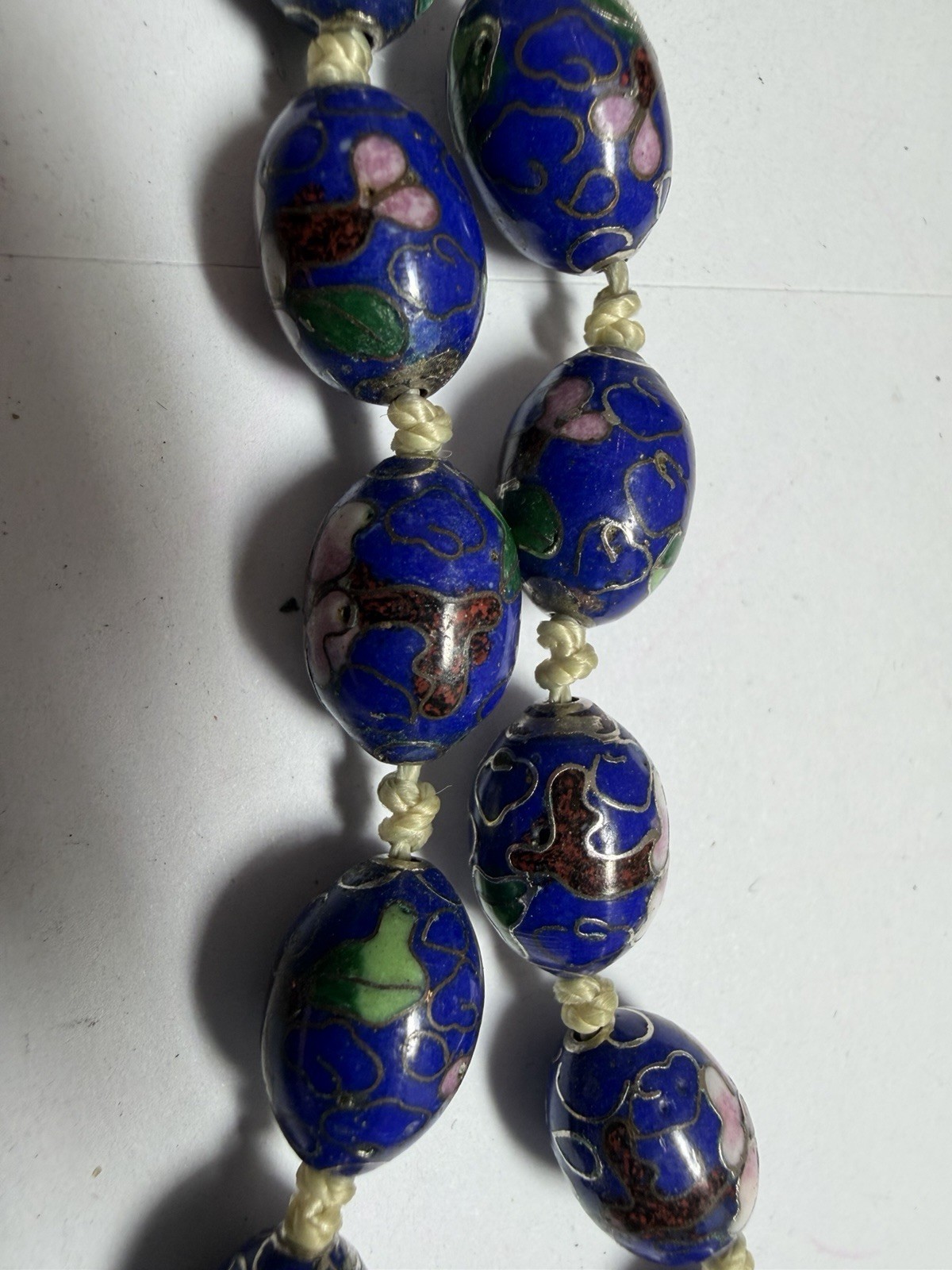 Vintage Chinese Export Cobalt Blue Cloisonne Enamel Hand Knotted Bead Necklace