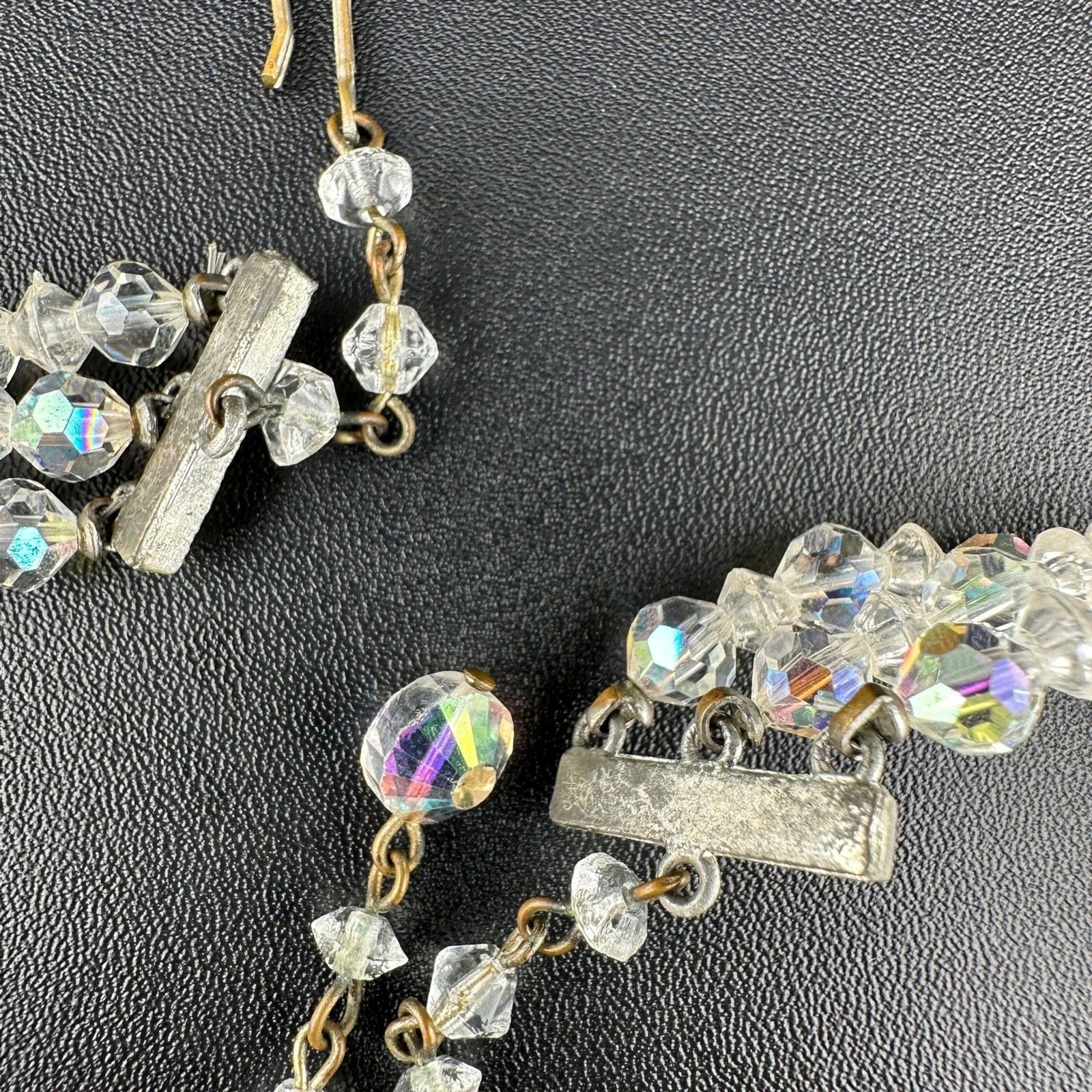 Vintage Aurora Borealis Necklace Crystal Faceted Three Strand Adjustable Hook