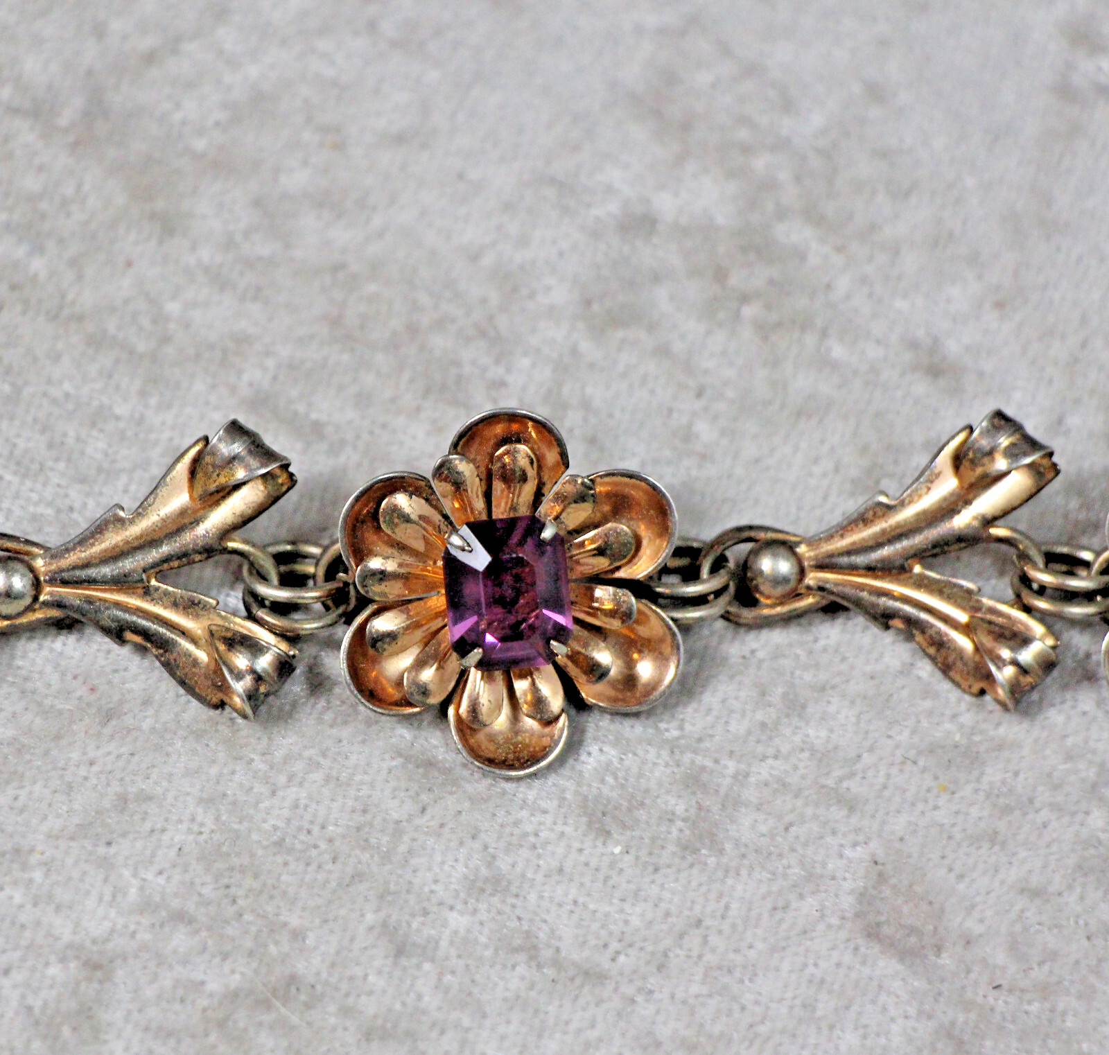 Vintage 1930s Bracelet Gold Wash Sterling Silver Flowers w Faceted Purple Stones