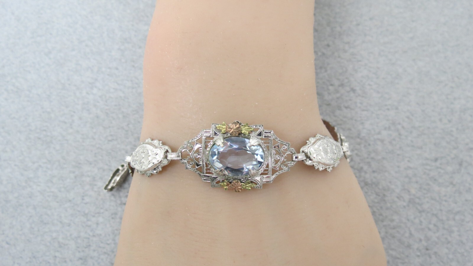 Antique Necklace Bracelet Silver Filigree Purple Stones Rose Gold Accent Flower