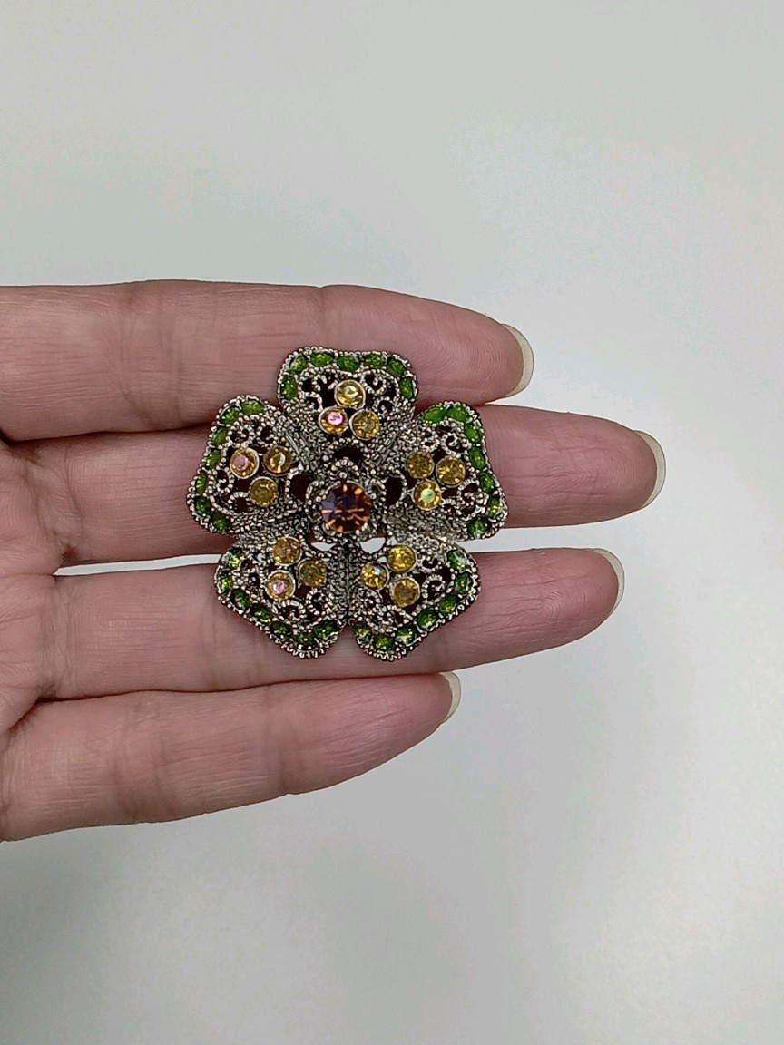 Lime Green And Yellow Rhinestone Flower Pin Brooch