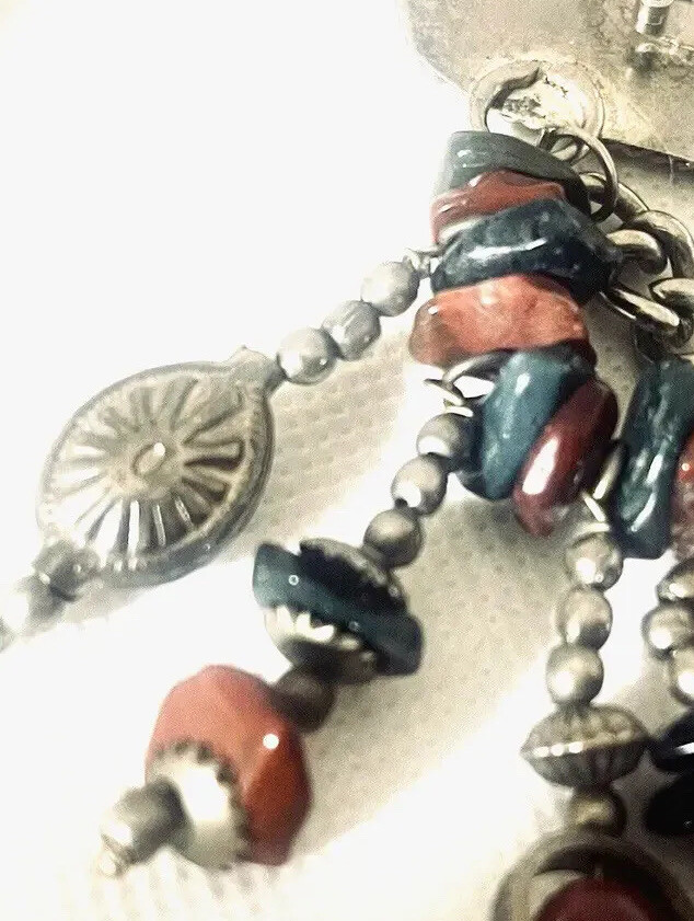Vintage Hand Crafted Brooch Genuine Stone Chunks Unknown Metal Made In India