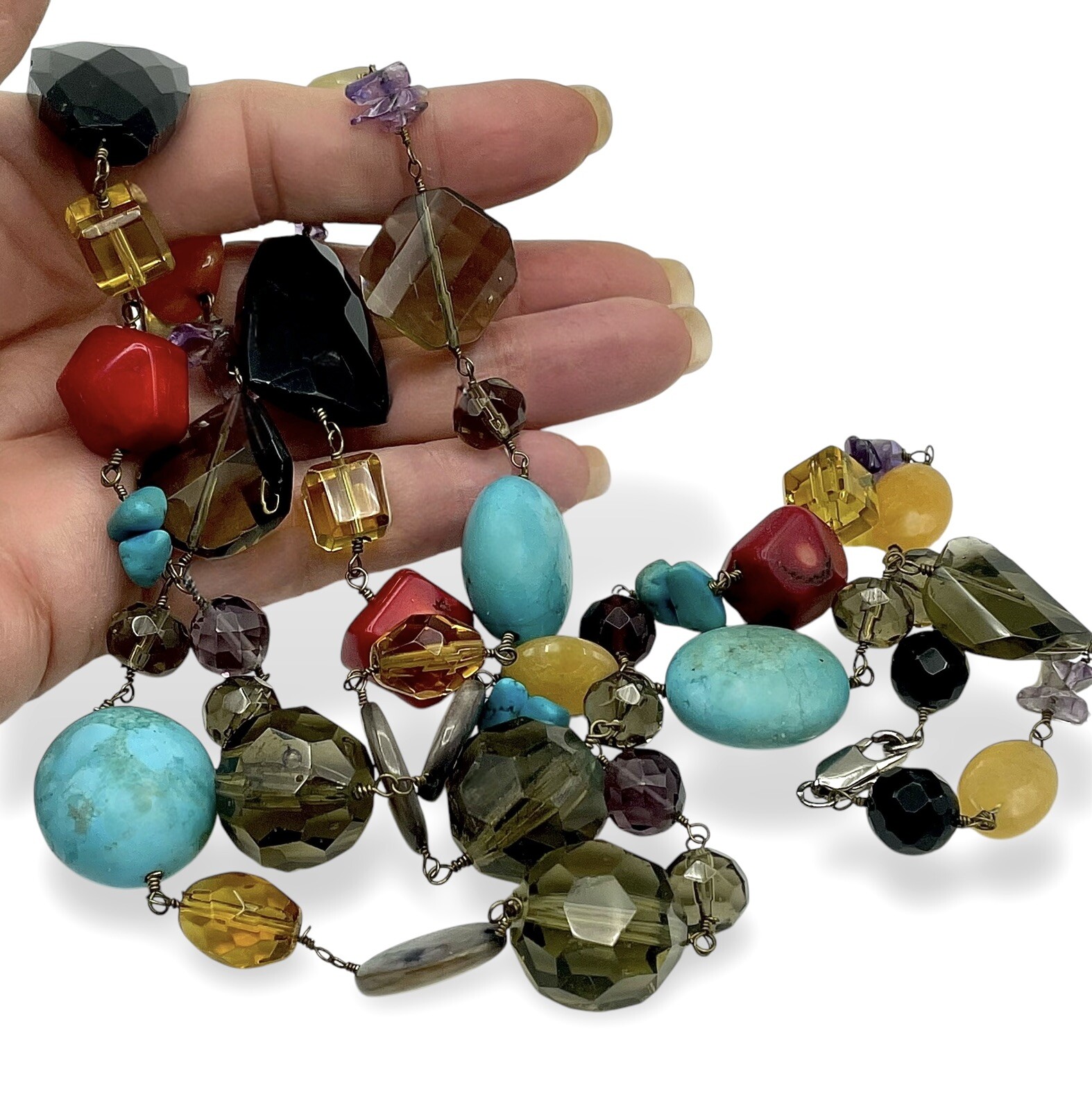 Vintage BOHO STATEMENT Necklace Multi Gemstones MOP Turquoise Etc 41” Fabulous!