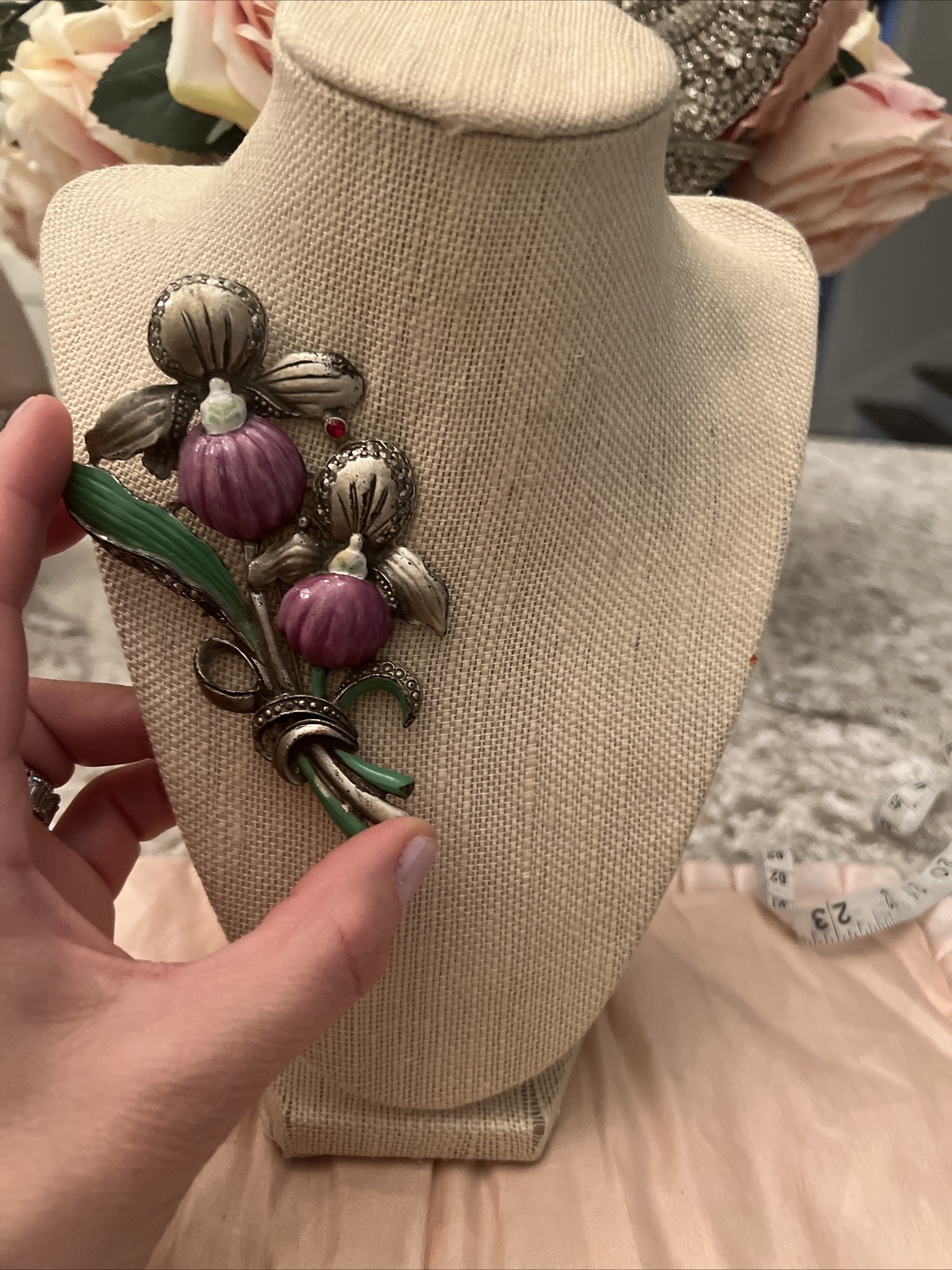 antique pin Flower Enamel Paint Rhinestone Marcasite Metal 4.25” brooch large