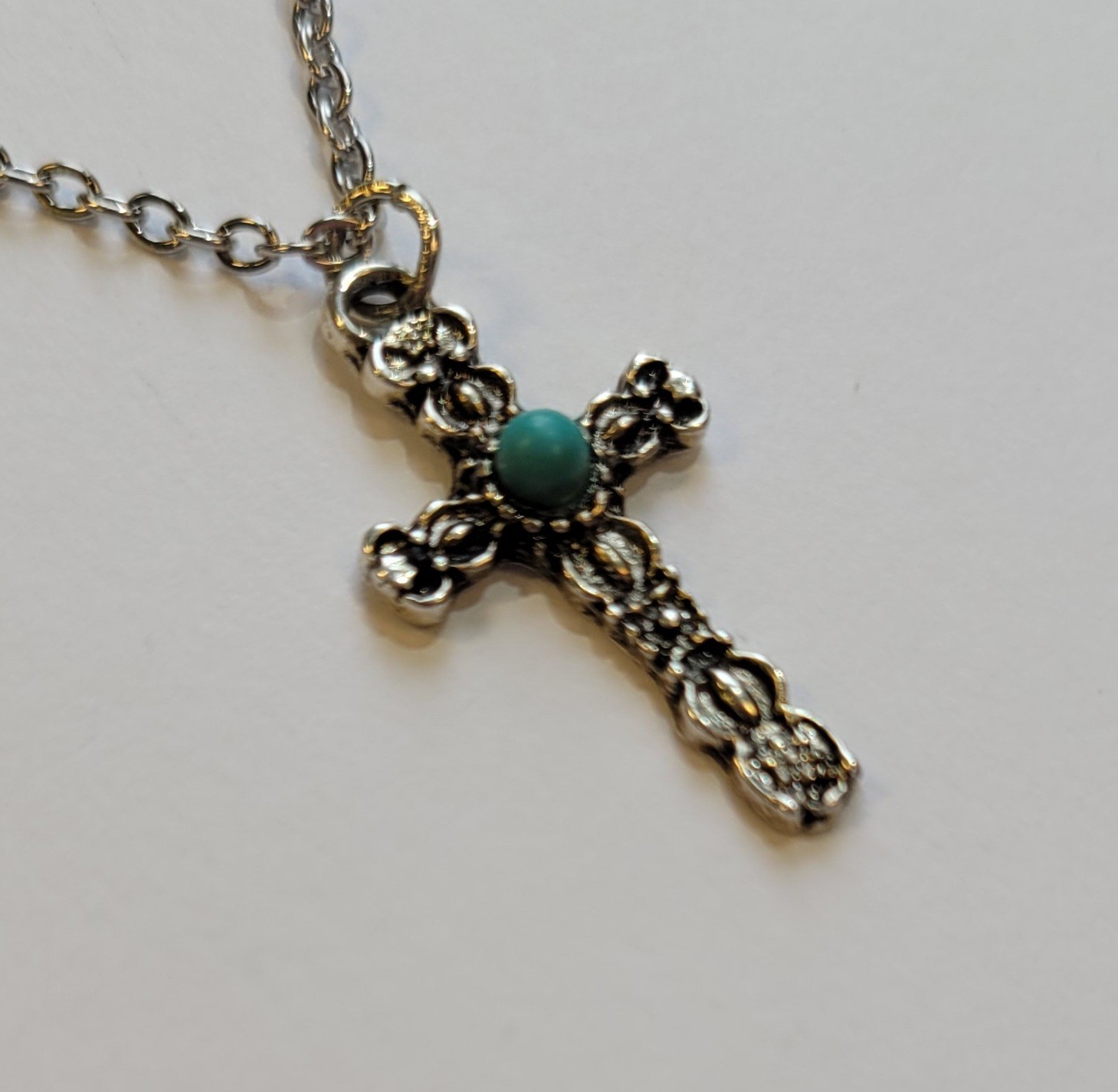 Southwestern Cross Necklace Silver Tone Faux Blue Turquoise 18in Chain Vintage