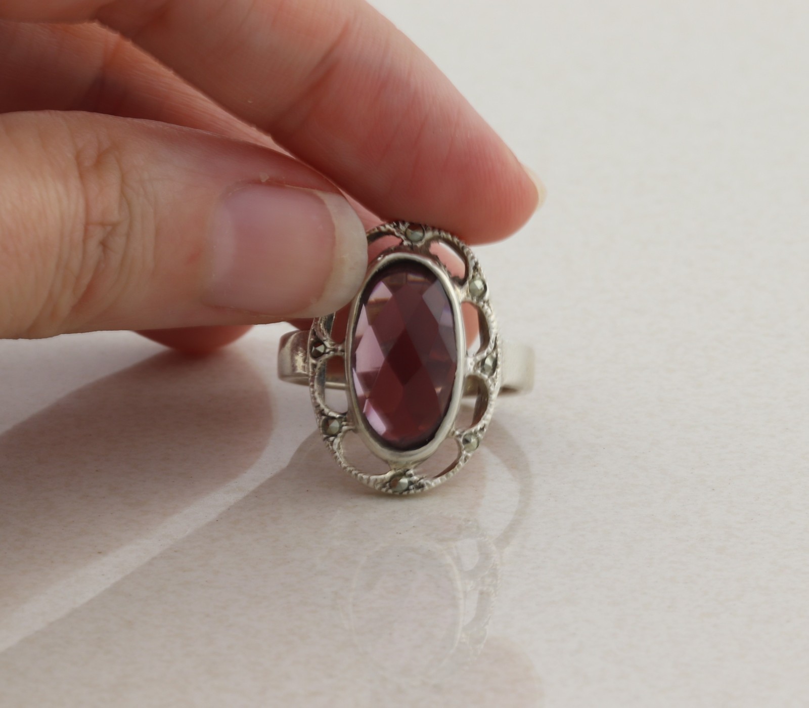 Sterling Silver Cushion Cut Purple Cubic Zirconia and Marcasite Ring Size 8 1/4