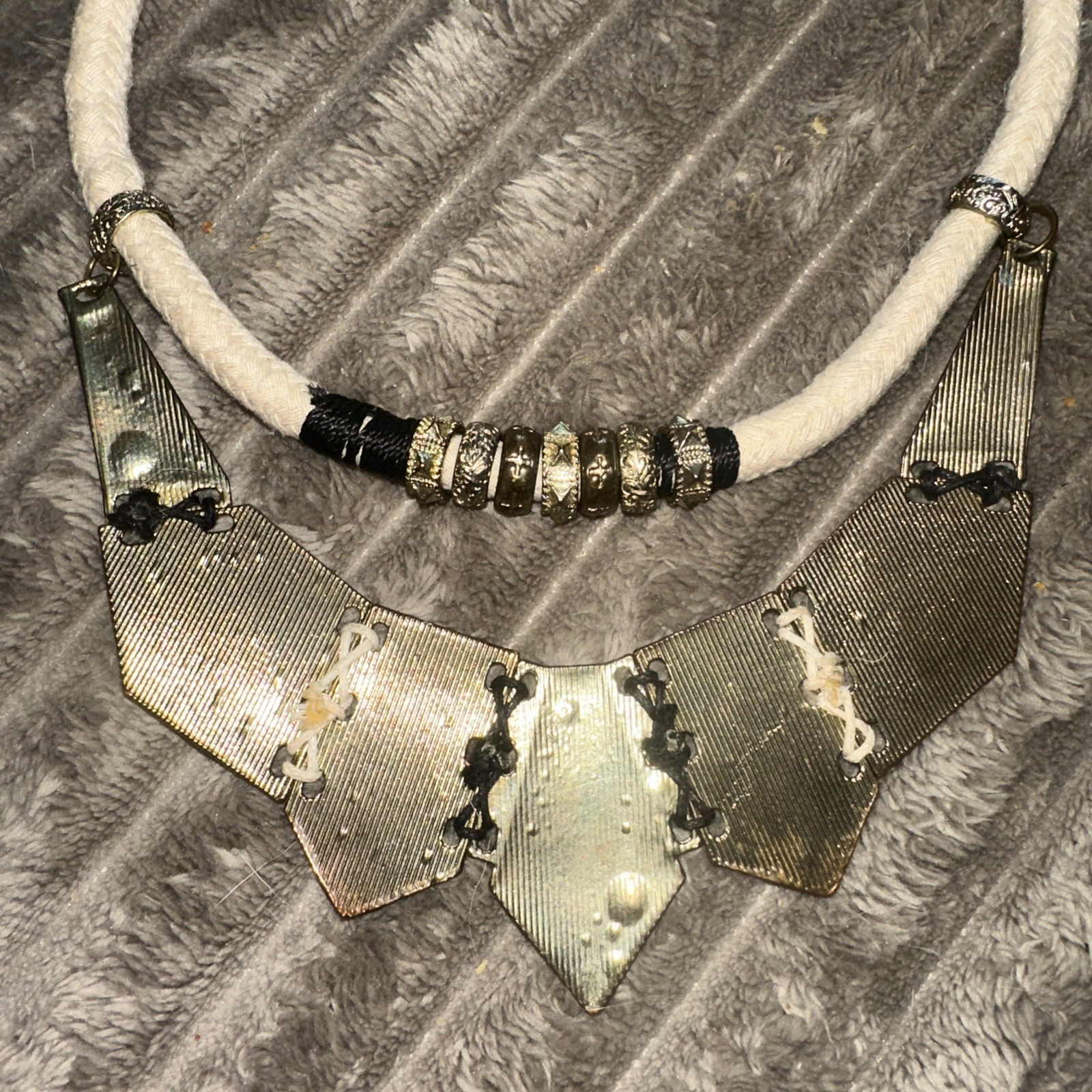 Turquoise And Gold Colored Metal Necklace With Rope Chain Handmade Vintage