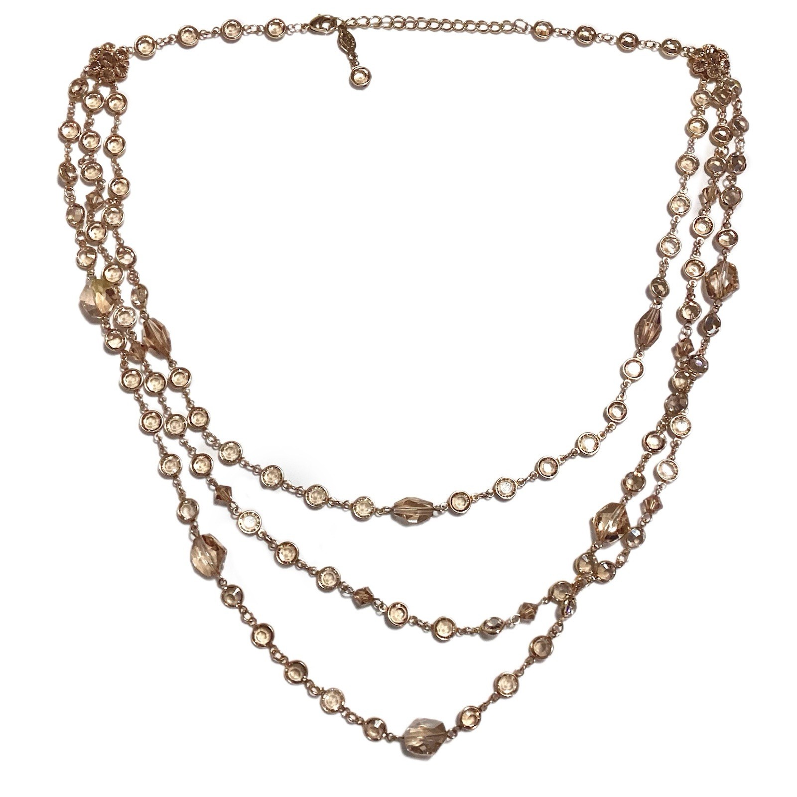 Austrian Crystal USA Signed GoldTone Bezel Champagne Multi-Strand Necklace 24.5”