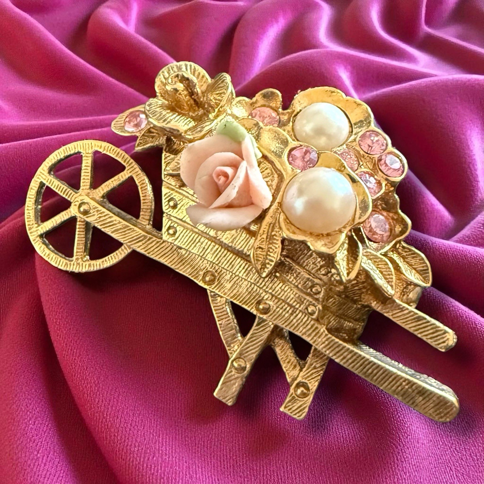 1928 Jewelry Floral Wheelbarrow Brooch Gold Tone Pink Rhinestone Vintage