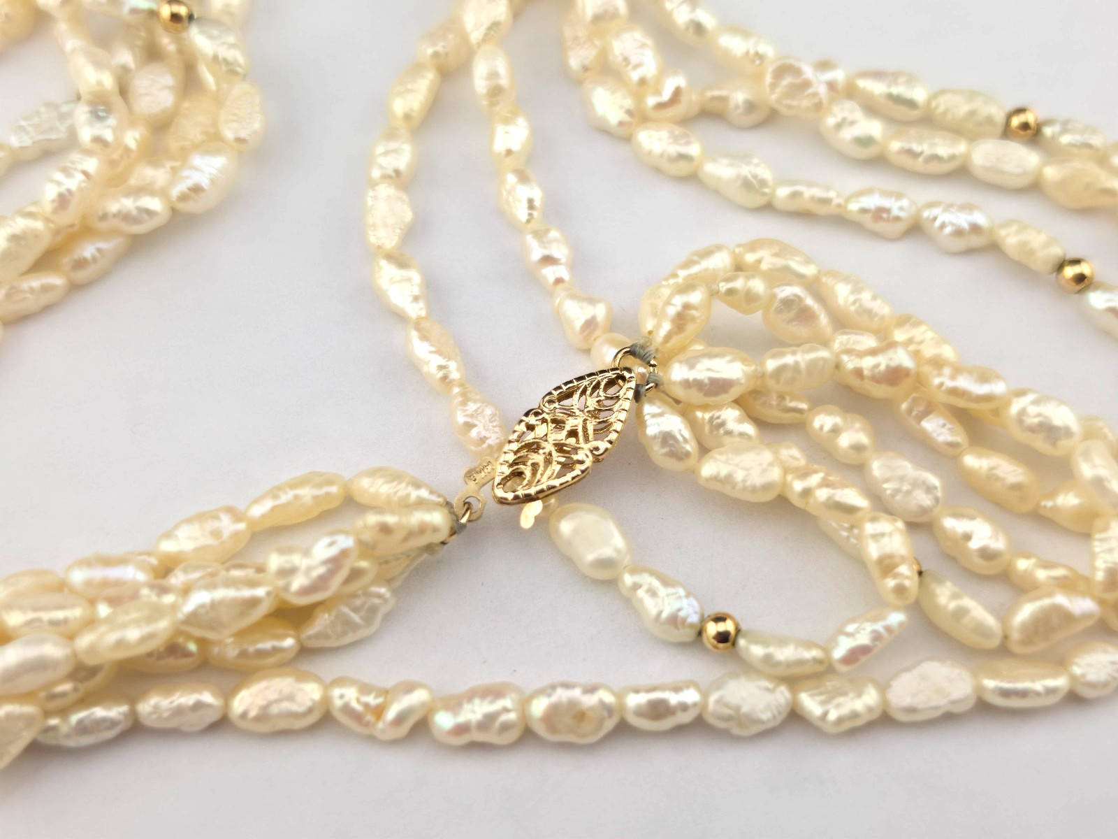 Vintage 5 Strand Cream Rice Pearl 35″ Necklace 14k Yellow Gold Accents