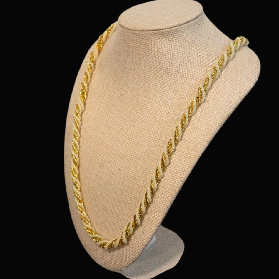Trifari Vintage Gold Tone Twisted Rope Chain Necklace White Bead Twists jewelry