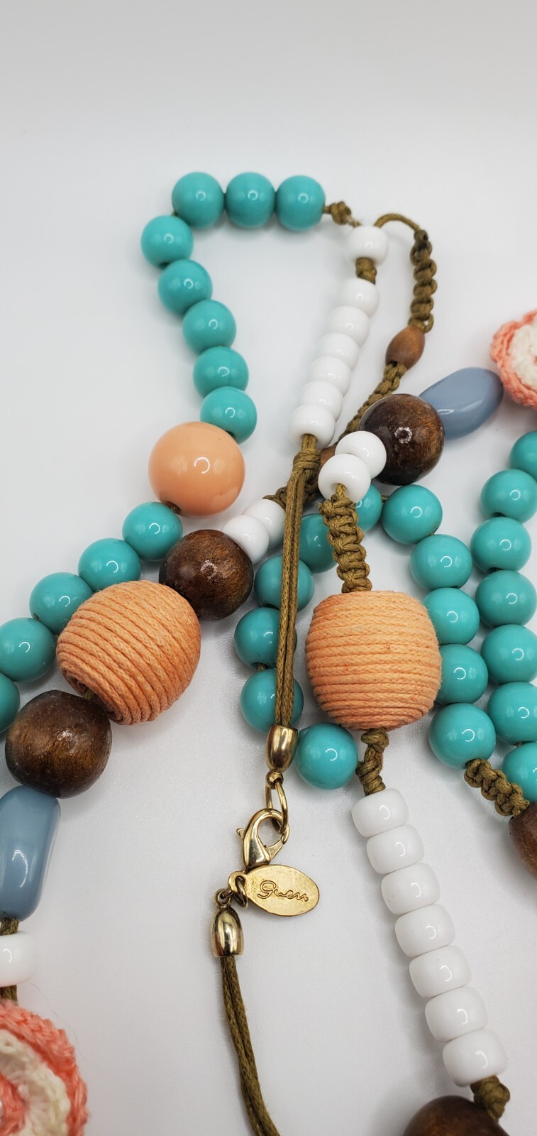 Vintage Plastic, Wood and Crochet Beaded Necklace 18″ Marked Gwen woo1