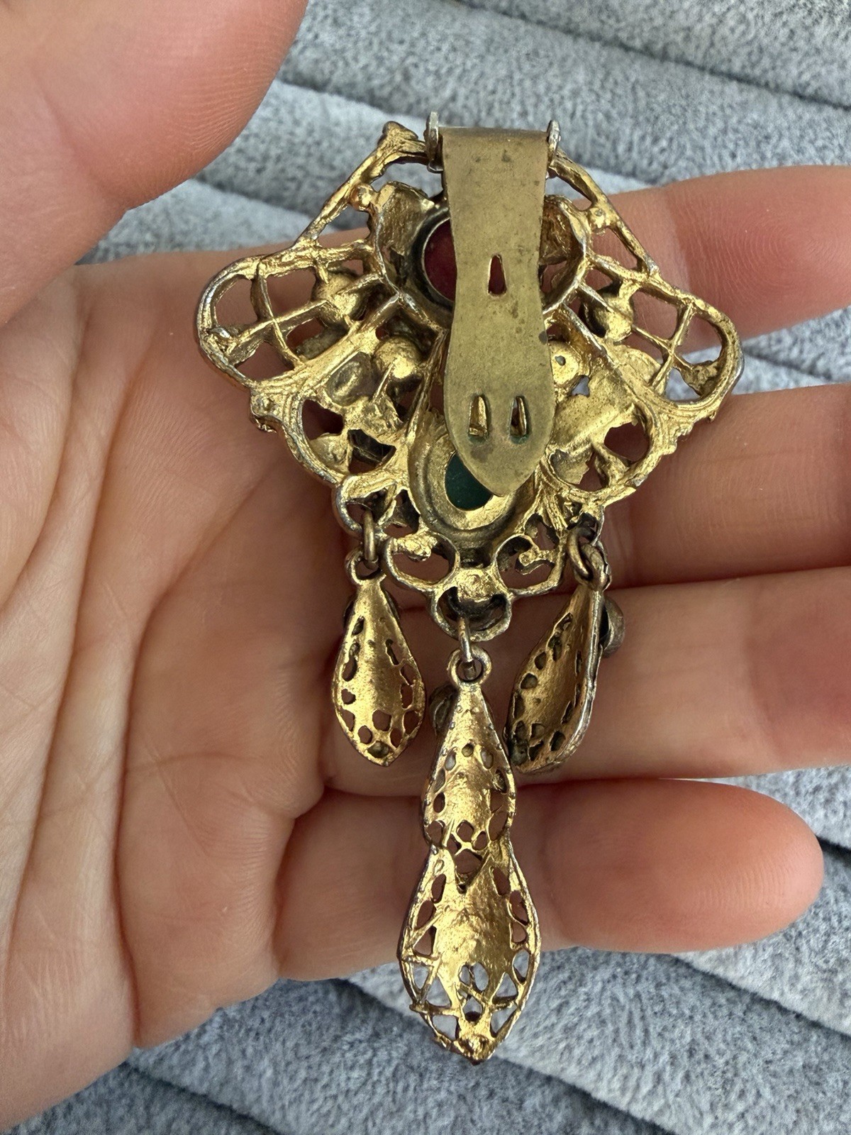 Vintage Filigree Dangle Clip Brooch Faux Pearls Cabochons Rhinestones AS IS