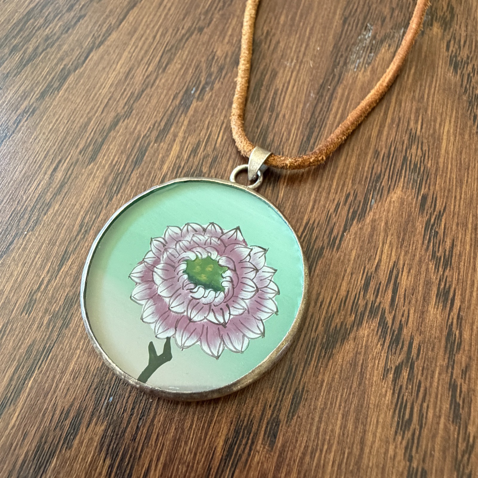 Vintage, Hand-Painted Flower Pendant Necklace on Genuine Leather Cord, 15” (L)