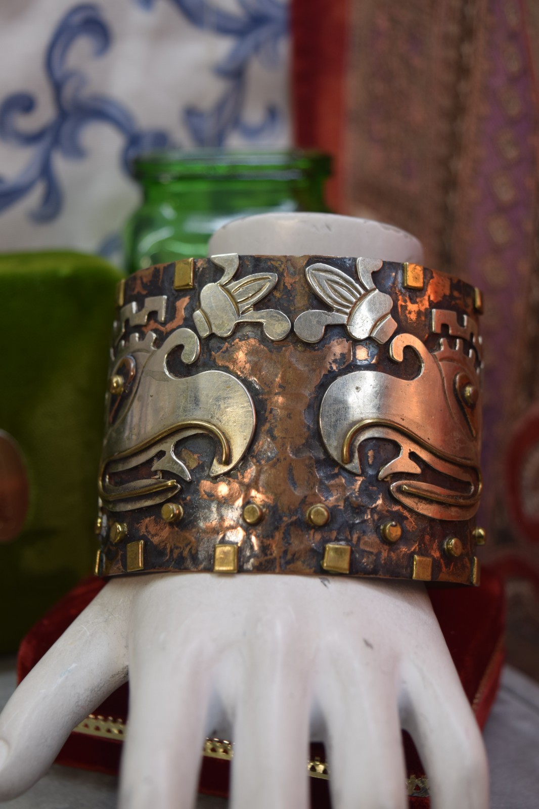 Vintage Mexico Mixed Metal Huge Aztec Bracelet Sterling Copper Brass 8″