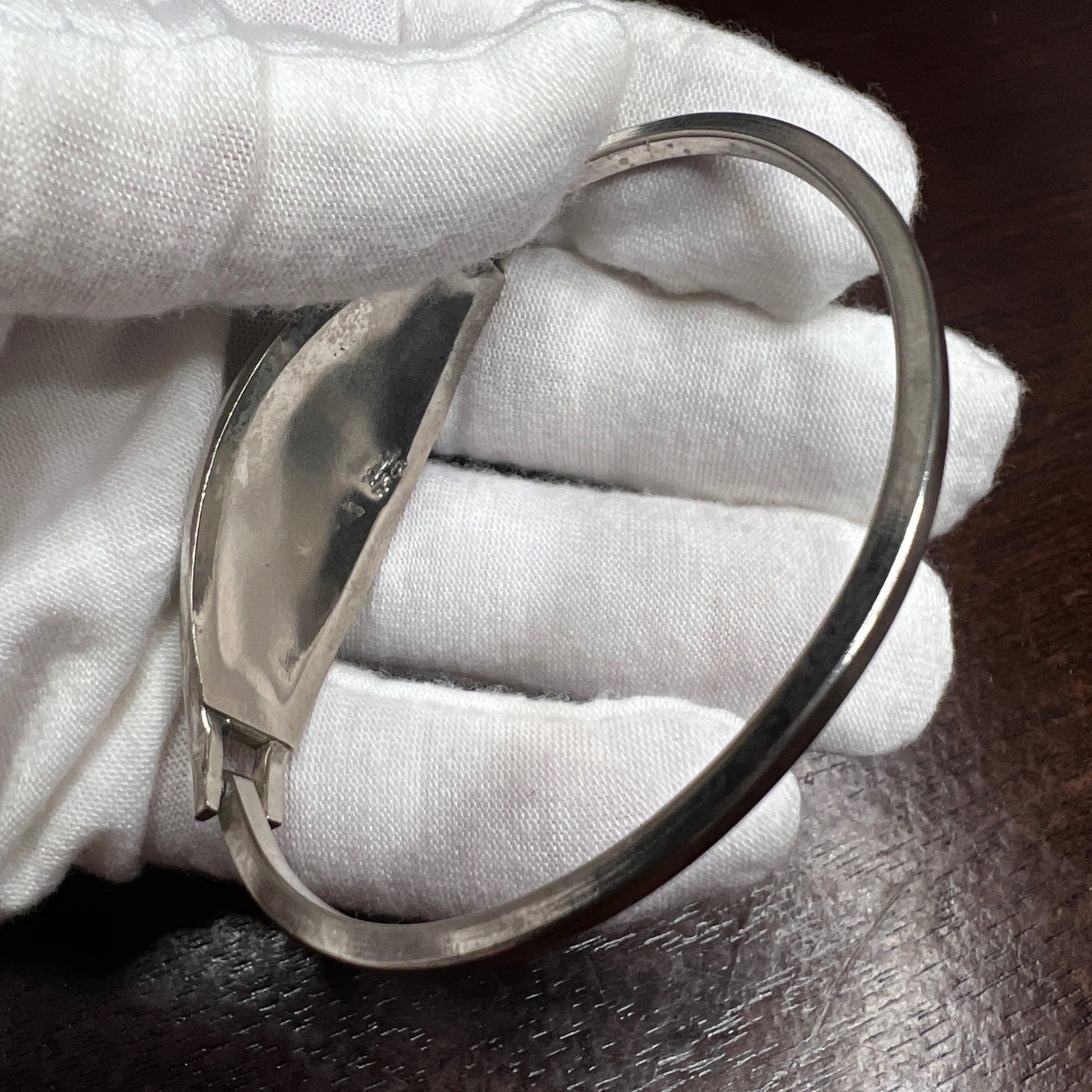 Vintage Alpaca Mexico Abalone Bangle Bracelet Silver Tone 7.5″ Green Enamel