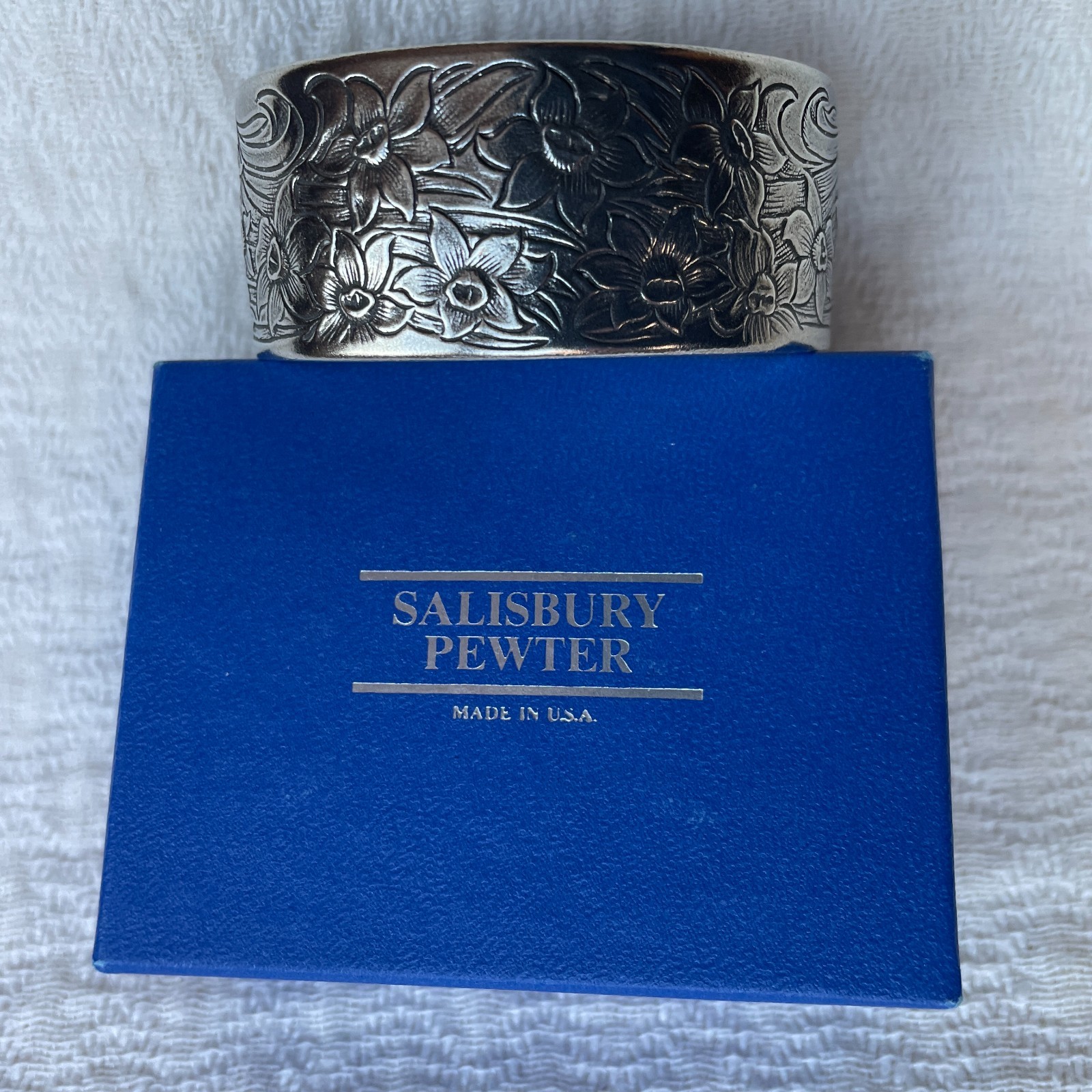 Vintage Salisbury Pewter March Flower Wide Cuff Bracelet, Adjustable, Never Worn