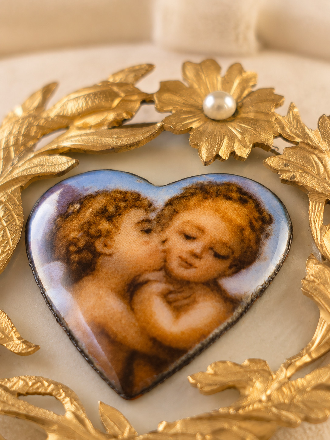 Antique 18K Gold Heart Brooch Angel Cherubs Pearl Enamel Mother of Pearl c1900