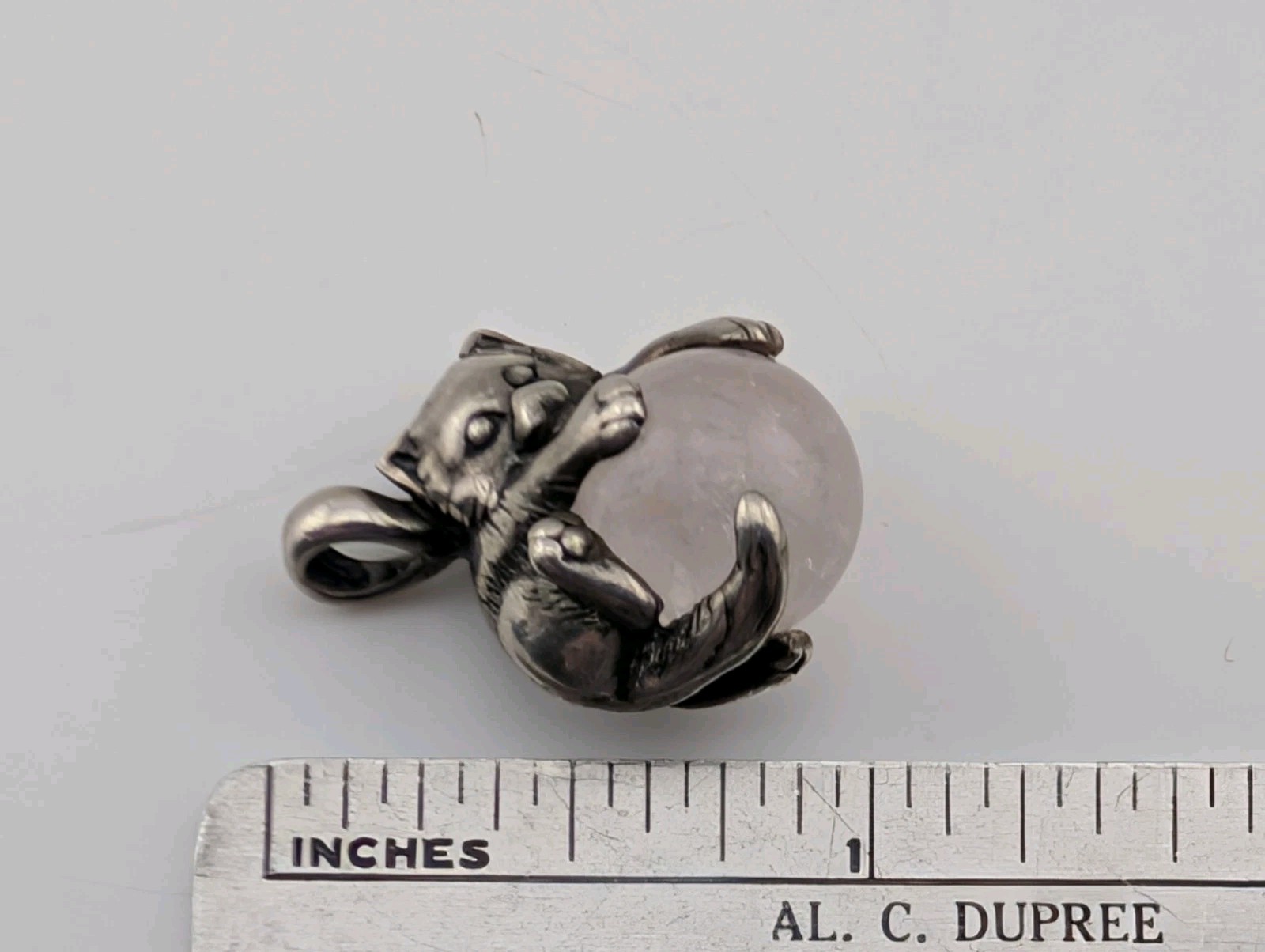 Vintage Sterling Silver Cat Rose Quartz Orb Ball Pendant 1″