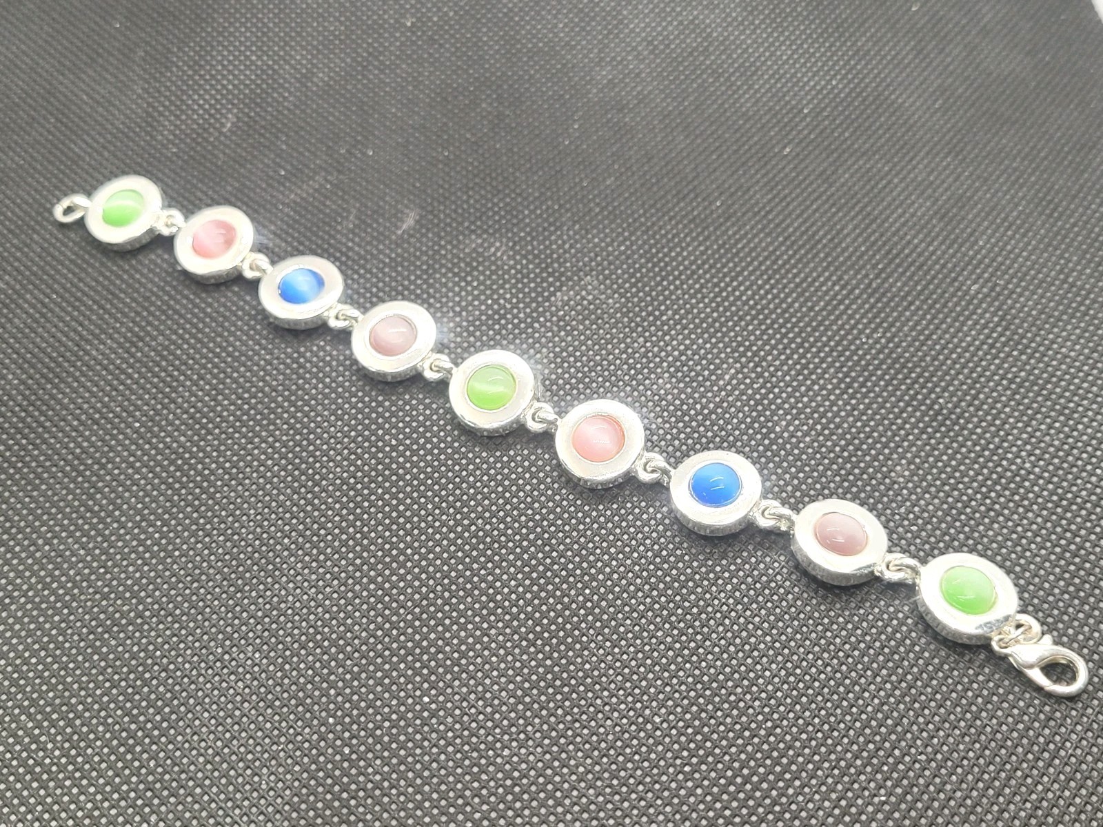 Vintage Silver Tone Multicolor Cat Eyes Cabochon Braslet 7.5in