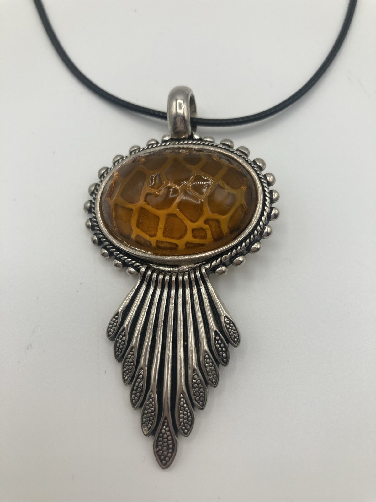 Amber Pendant On Black Leather Cord Necklace. Western/Boho