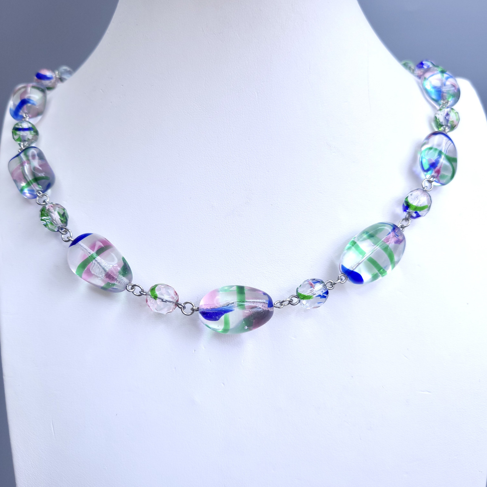 Iris Glass Necklace 24” Multicolor Czech Vintage Beads Women`s Jewelry