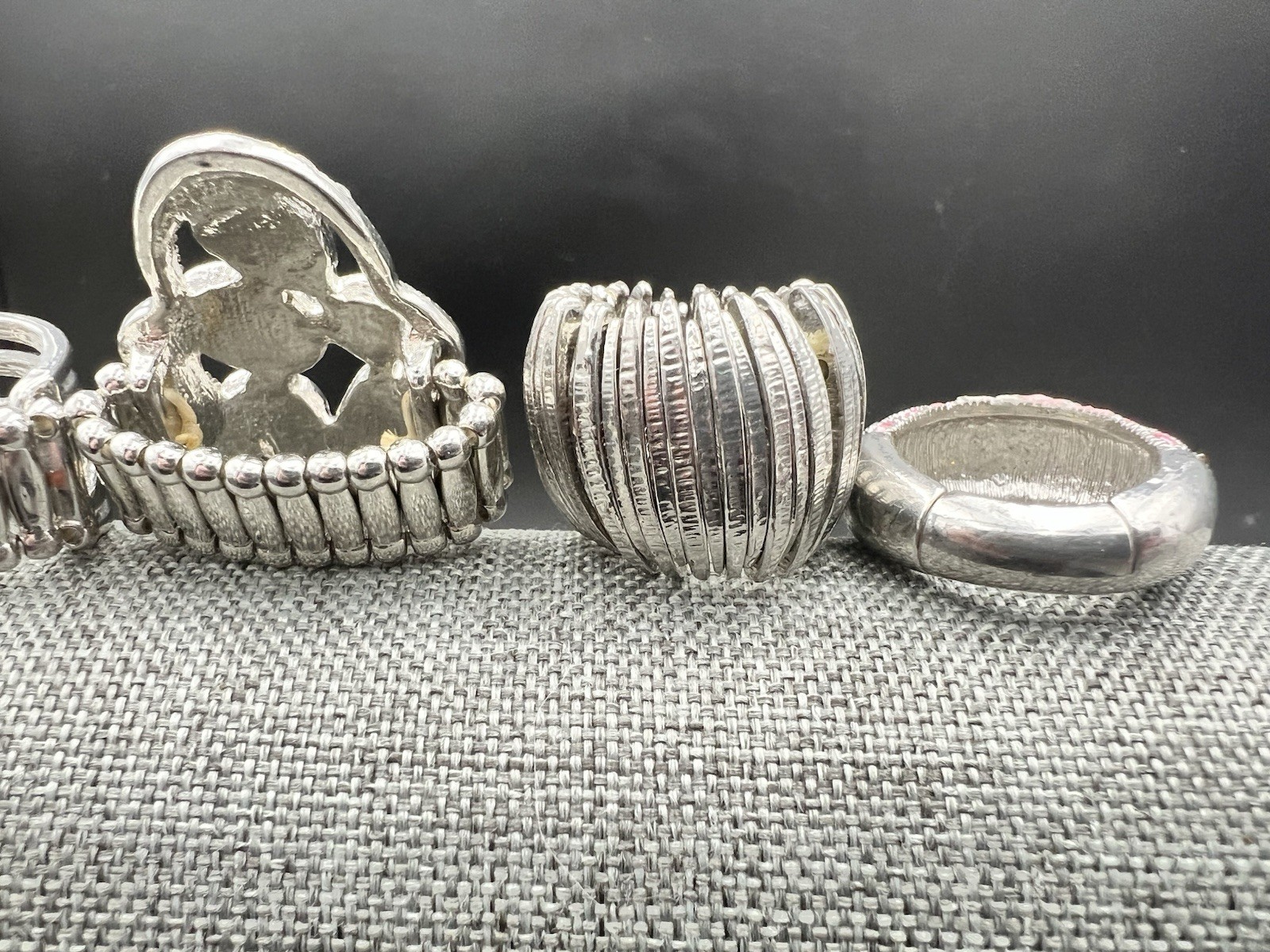 5 Vtg to Modern SilverTone Stretch Band Ring Lot Pink Purple Rhinestone One Size