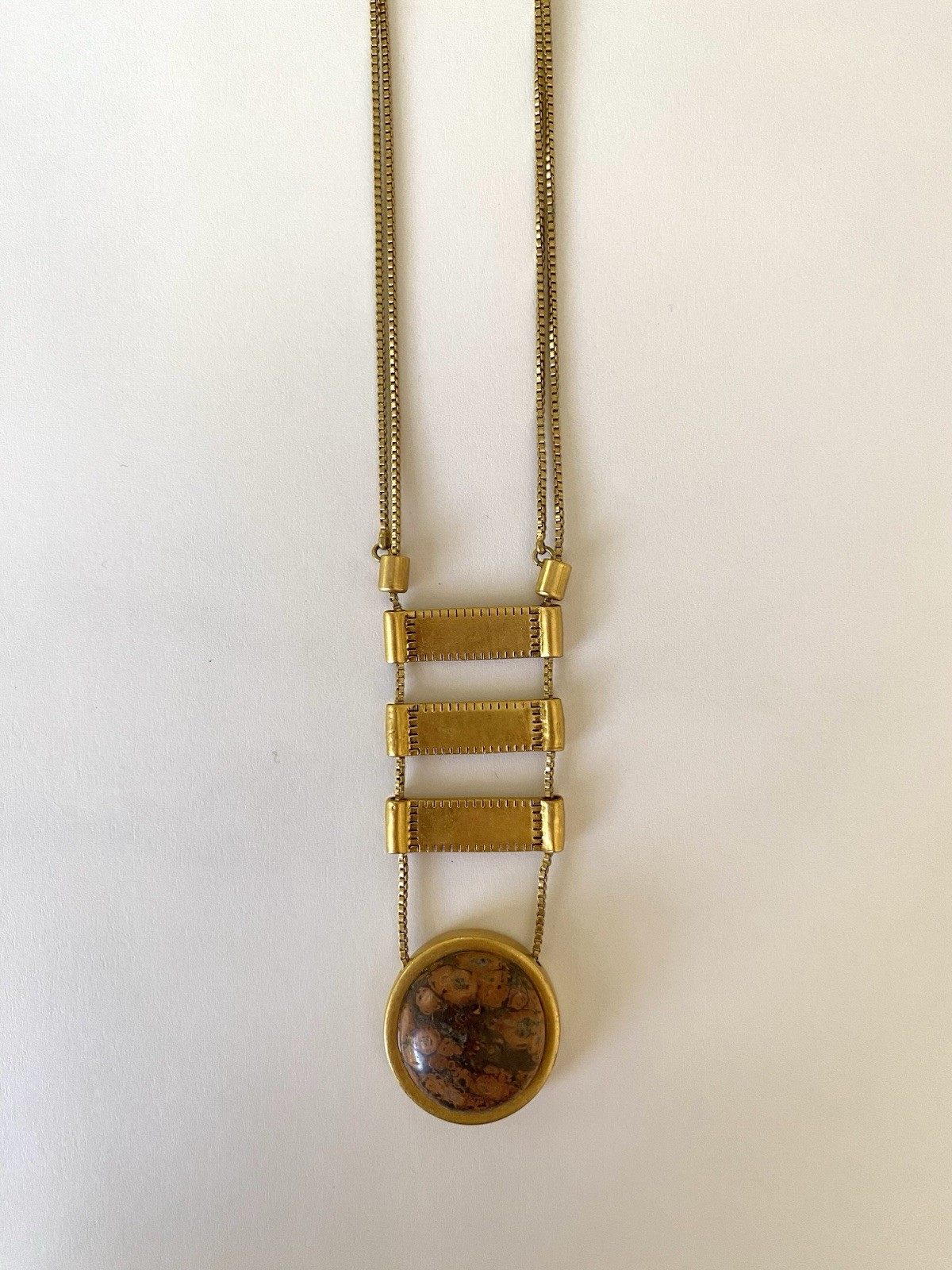 Fashion Long Necklace Gold Tone Modernist Person Metal Stone Pendant Signed M