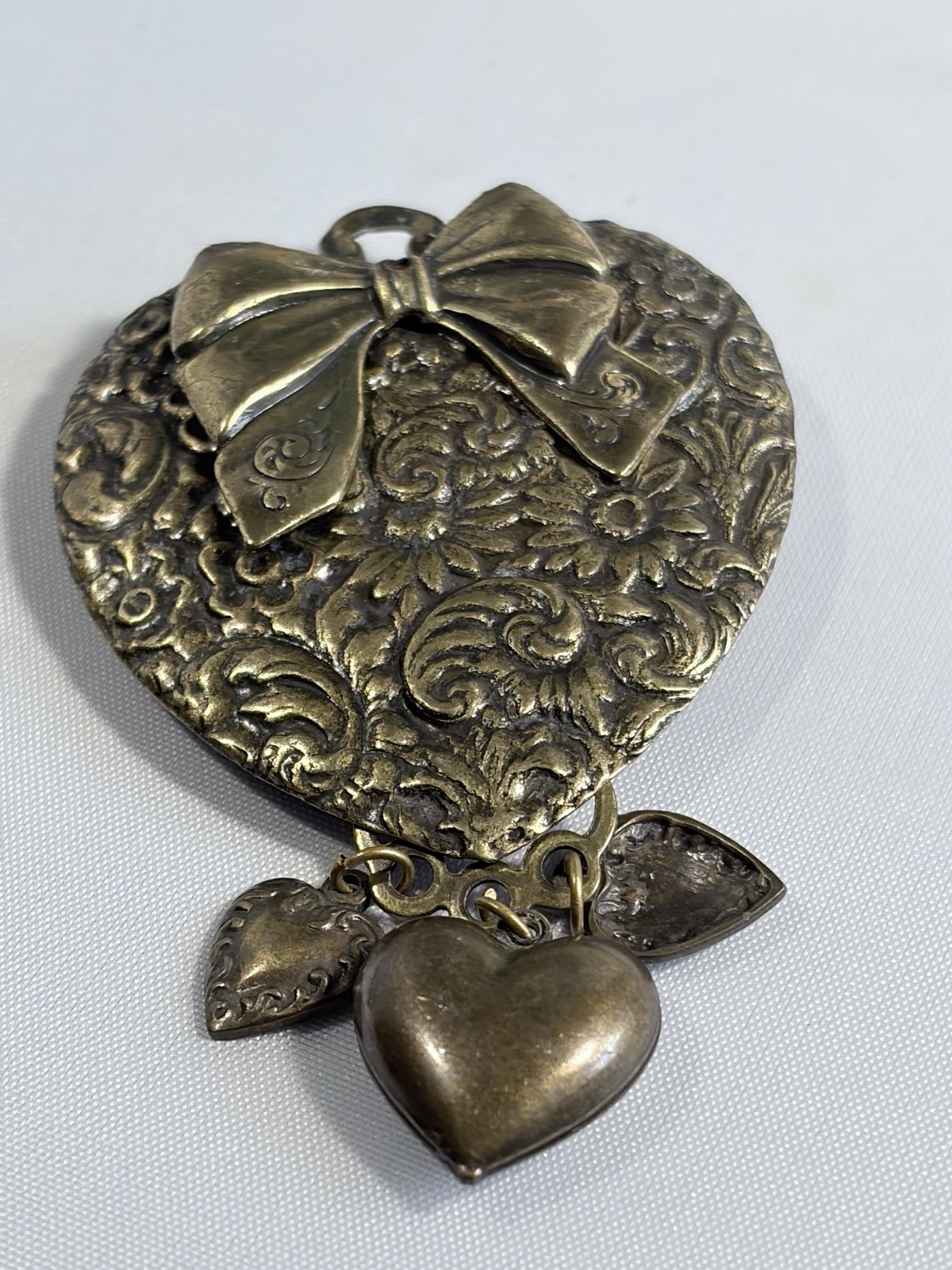 Vtg Heart Art Nouveau Victorian Revival Style Brass Pendant Brooch Floral Ornate