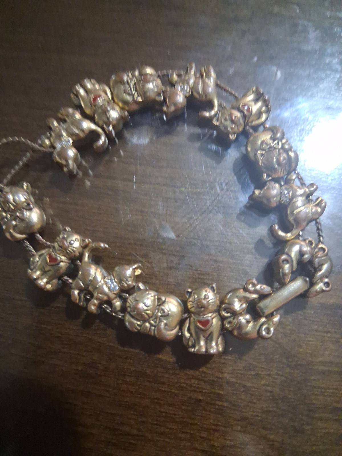 Vintage Avon Kitty Cat Slide Charm Rhinestone Bracelet ~ Gold Tone