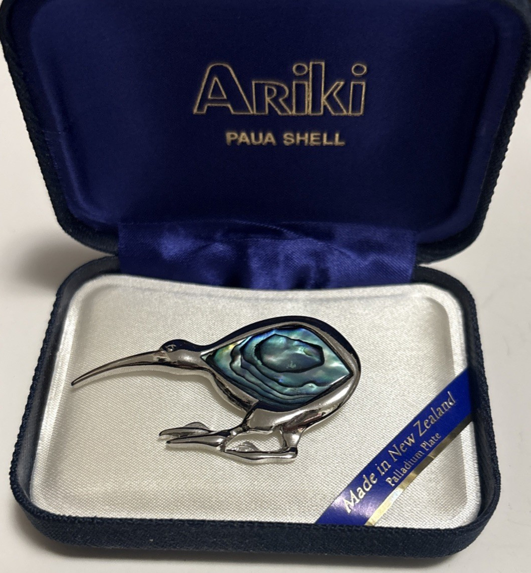 Ariki Paua Shell Inlay Silver Palladium Plate Blue Abalone Kiwi Bird Brooch Pin