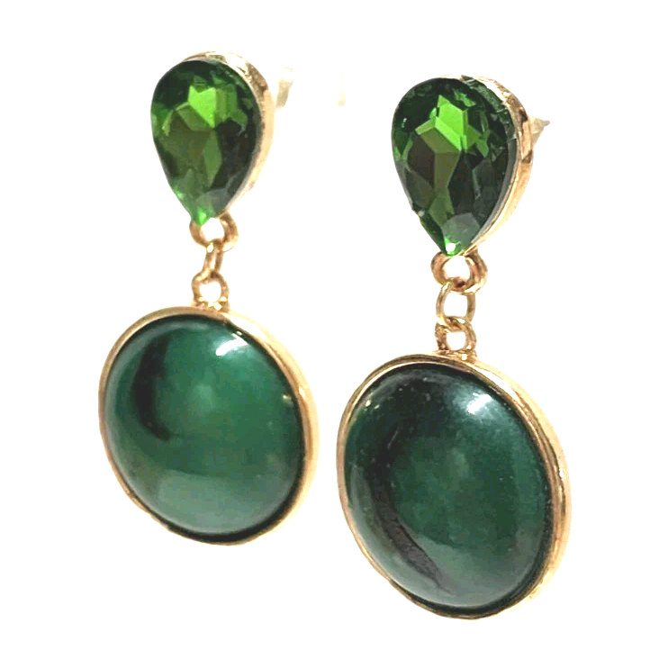 Vintage Green Faux Stone Rhinestone Gold Tone Dangle Earrings Teardrop Round GUC