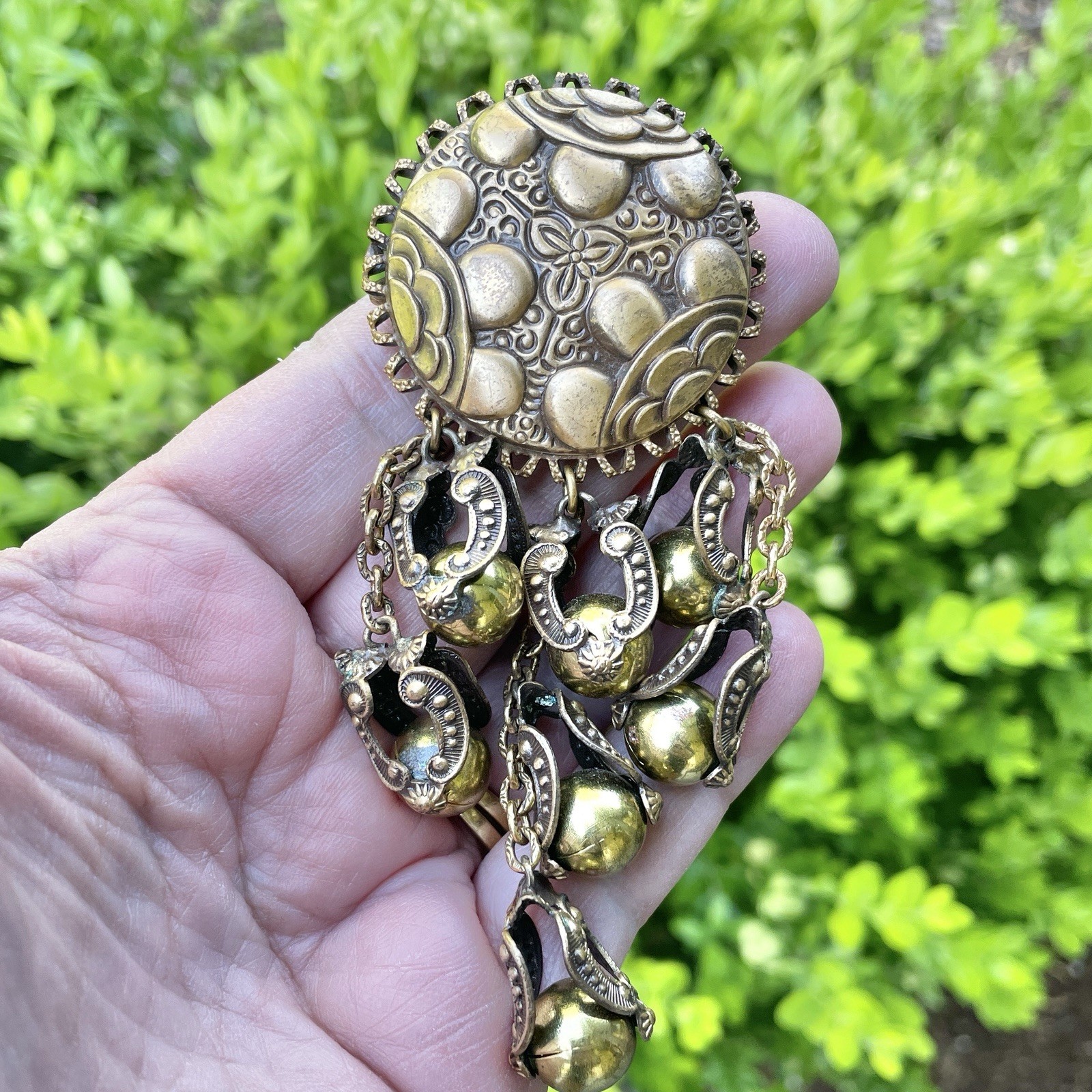Sterling Button Company NY Brass Repousse Festoon Brooch Unsigned Statement