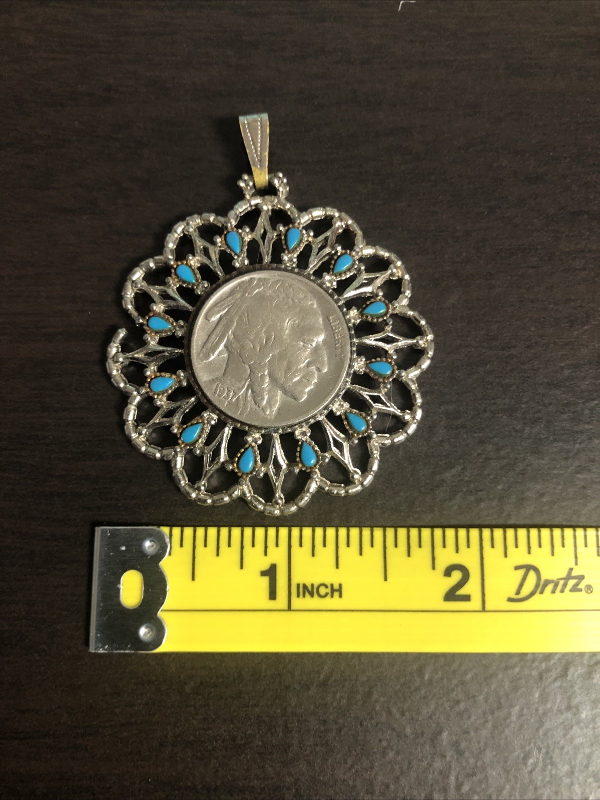 Vintage 1970s Buffalo Nickel Coin Pendent Faux Turquoise Silver Tone Necklace