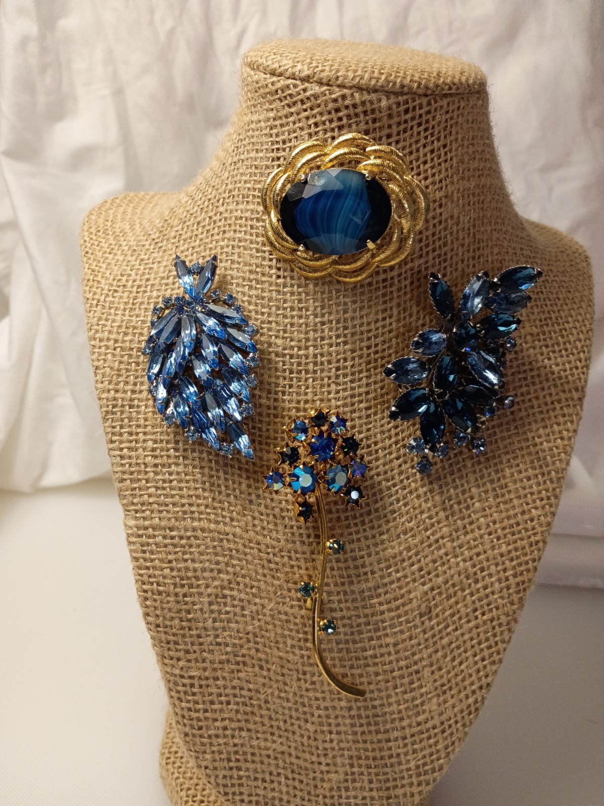 Rhinestone Costume Vintage Jewelry Lot, 4 Piece, Blue, Silver Tones, Gold Tones