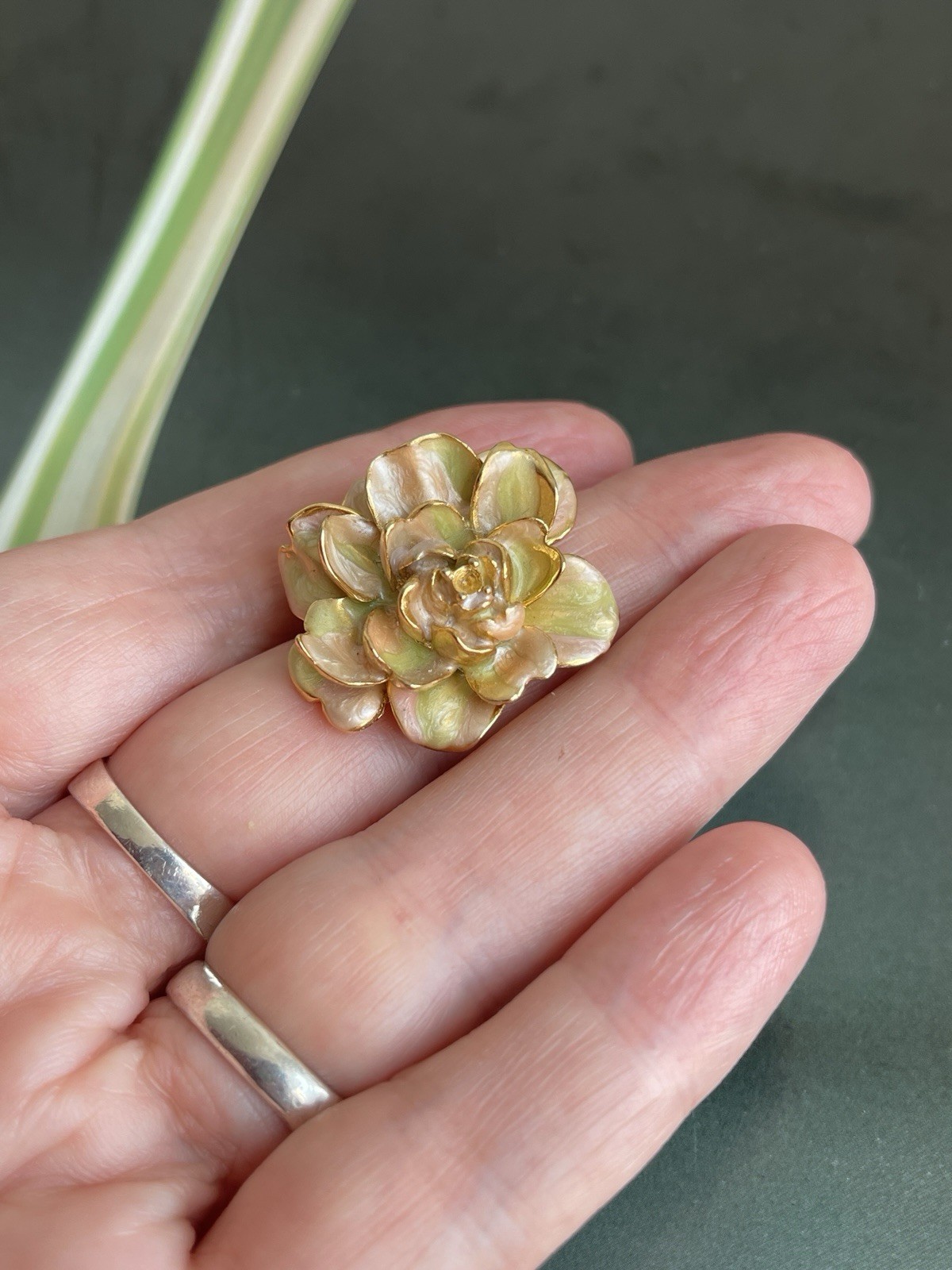Vintage Joan Rivers Camellia Flower Brooch Enamel Gold Tone Signed