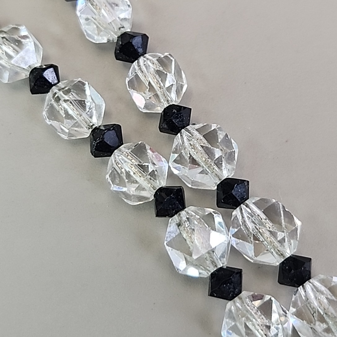 Vintage Glass Beaded Necklace Clear Round Black Bicone Accents 14.75″