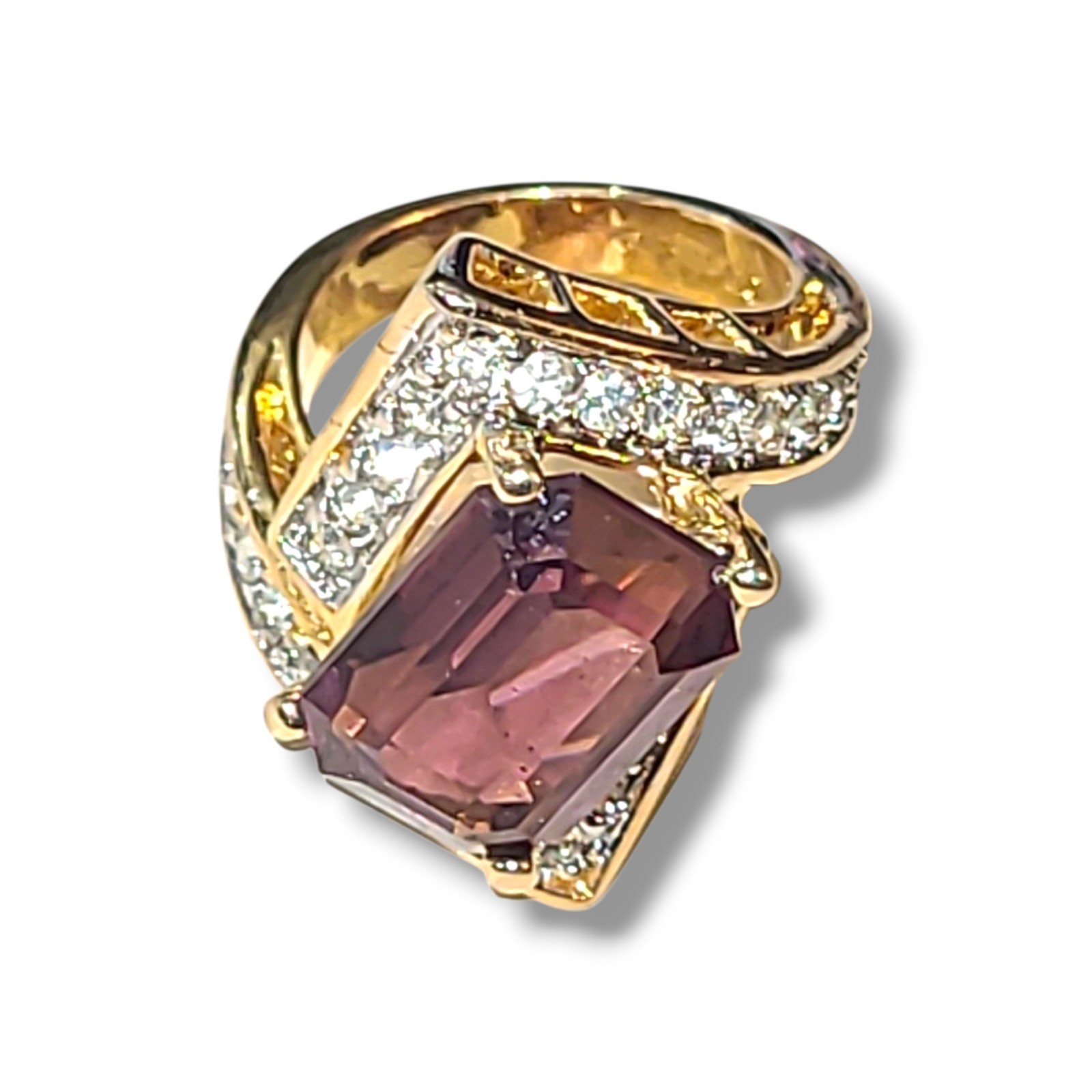 Vintage 18K HGE CZ Cocktail Ring Emerald Cut Purple Crystal Gold Statement Sz 9
