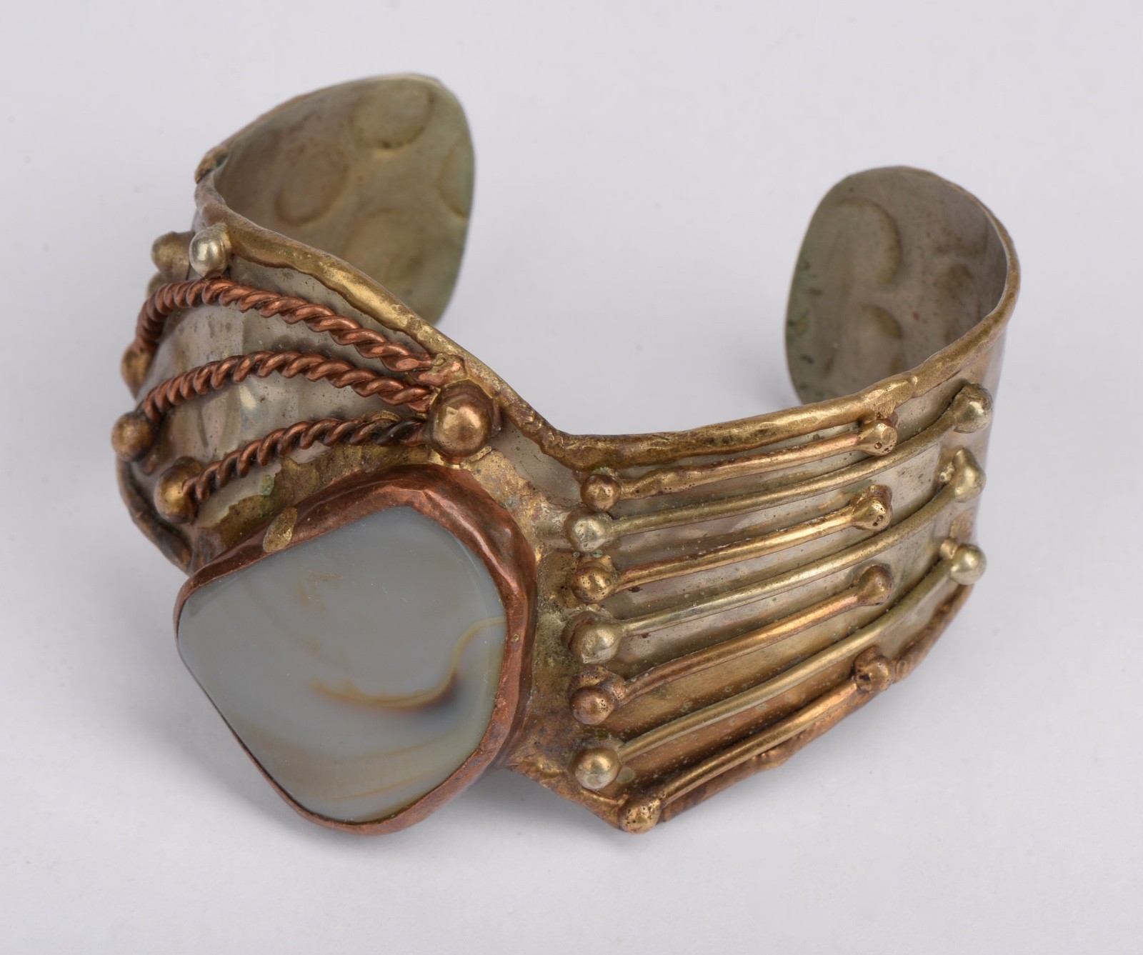 Vintage Mixed Metal Agate Stone Cuff Bracelet Artisan Boho 2.5″