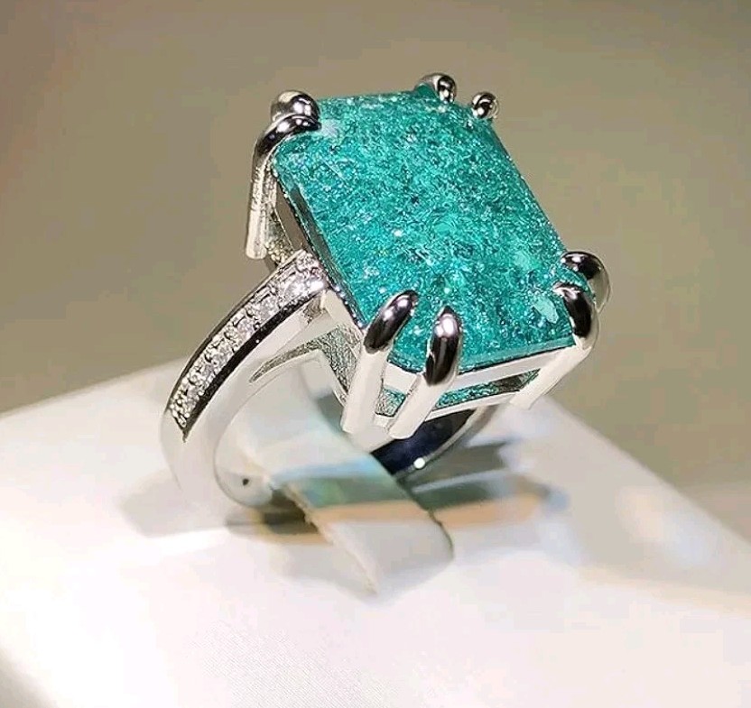 Shiny 10 CT Emerald Cut Lab-Created Paraiba Tourmaline Ring 925 Sterling Silver