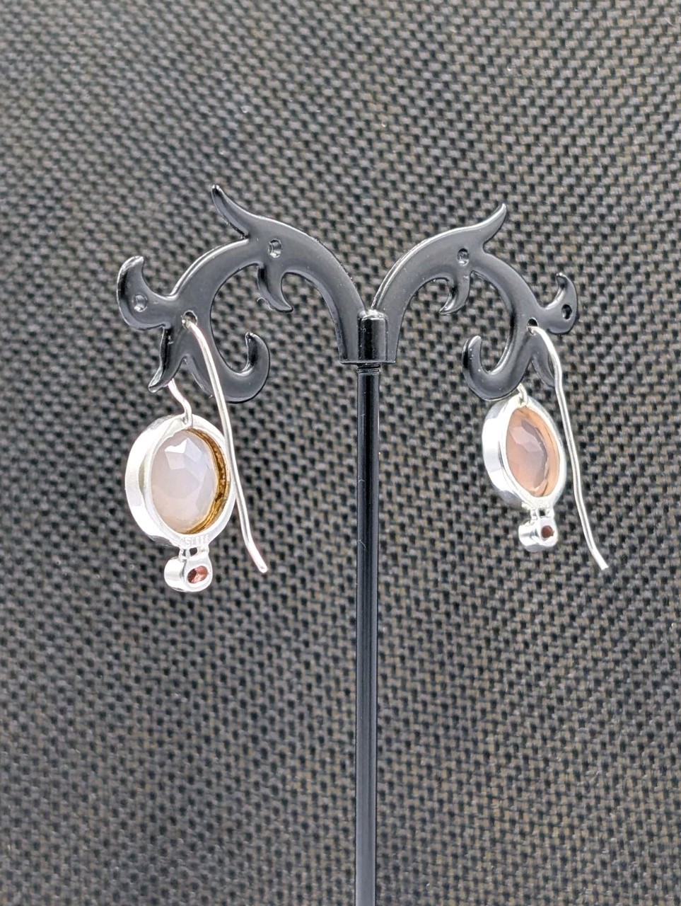 ISJ Vtg Sterling Silver Round Rose Quartz & Oval Garnet Hook Dangle 925 Earrings
