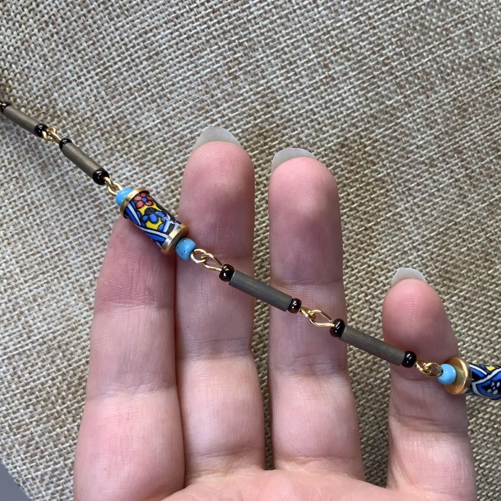 Vintage blue and gray acrylic bead necklace with spring ring clasp