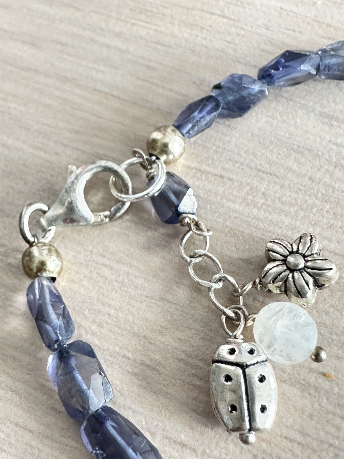 Sterling Silver Blue Iolite Beaded Bracelet 7 inch + 1 inch extender .925