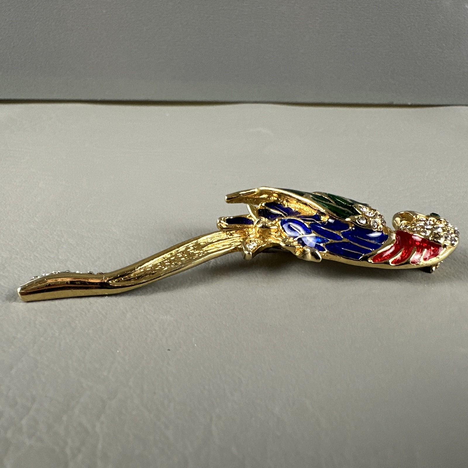 Vintage Parrot Bird Brooch Rhinestone Enamel Gold Tone Tropical Figural Pin